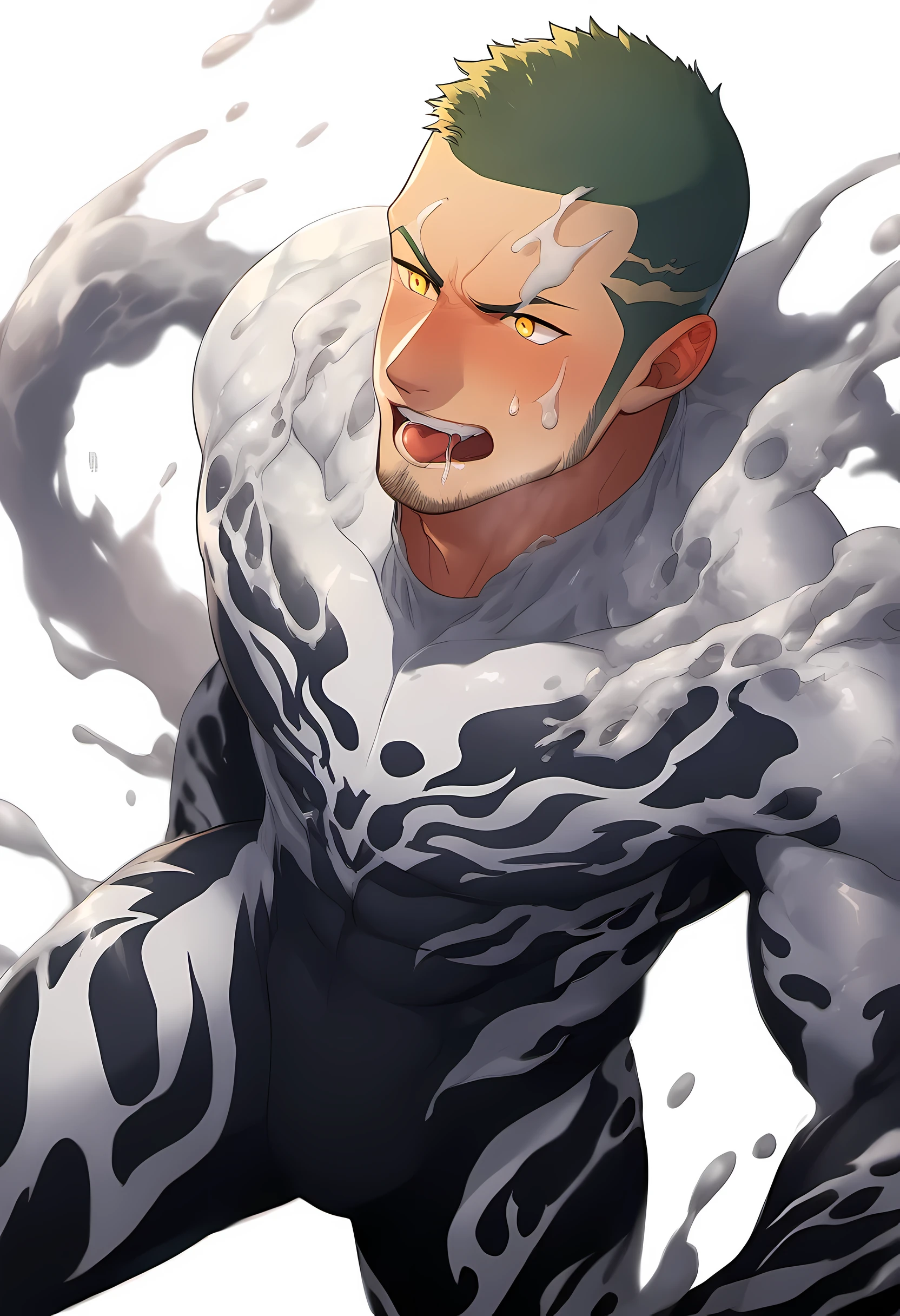 anime characters：Priapus in Venom Tights, 1个年轻的muscular man, male focus, buzz clip, White Venom Skinny Suit, venom logo, Lots of milky white tentacle slime, around the body, muscular man, extra large breasts, only, alone, short yellow hair, stubble, yellow eyes, blink, White background, simple background, amazing quality, best aesthetics, Ridiculous, bright pupils, short hair, open lips, blush, open lips, moan, Slobber, traces of saliva, Endure the face, best quality