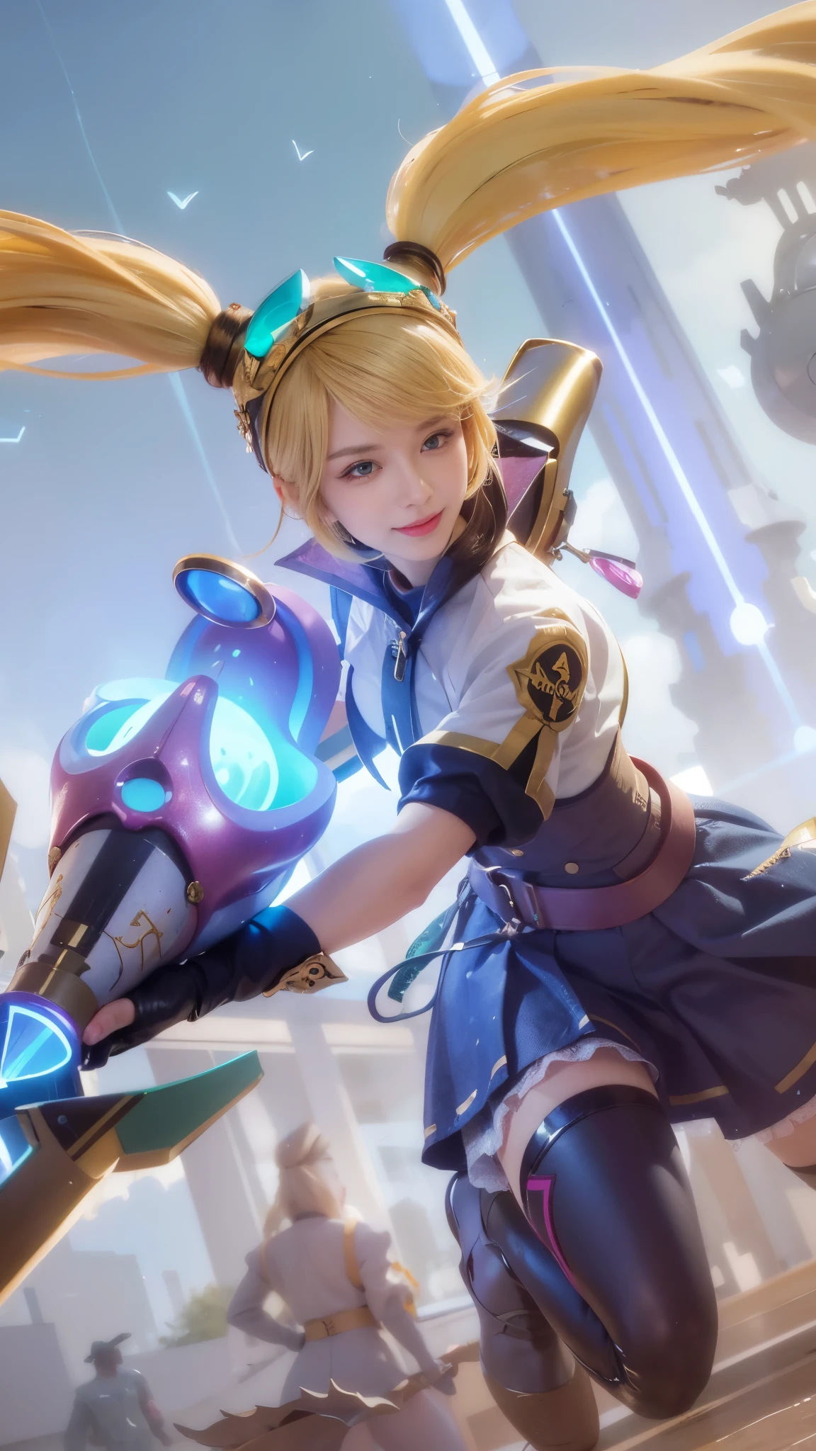 (8k, RAW photo, photorealistic:1.25) ,( lipgloss, eyelashes, gloss-face, glossy skin, best quality, ultra highres, depth of field, chromatic aberration, caustics, Broad lighting, natural shading, looking at viewer with a serene and goddess-like happiness, smile, 8k, very detailed, green eyes, close-up shot of a woman with a gun in her hand