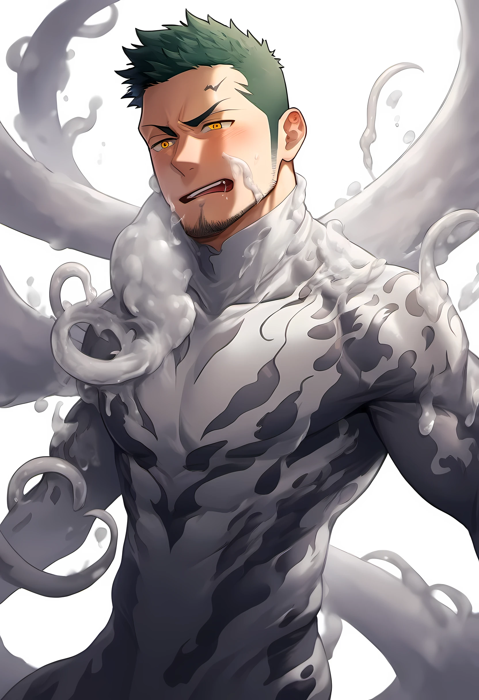 anime characters：Priapus in Venom Tights, 1个年轻的muscular man, male focus, buzz clip, White Venom Skinny Suit, venom logo, Lots of milky white tentacle slime, around the body, muscular man, extra large breasts, only, alone, short yellow hair, stubble, yellow eyes, blink, White background, simple background, amazing quality, best aesthetics, Ridiculous, bright pupils, short hair, open lips, blush, open lips, moan, Slobber, traces of saliva, Endure the face, best quality