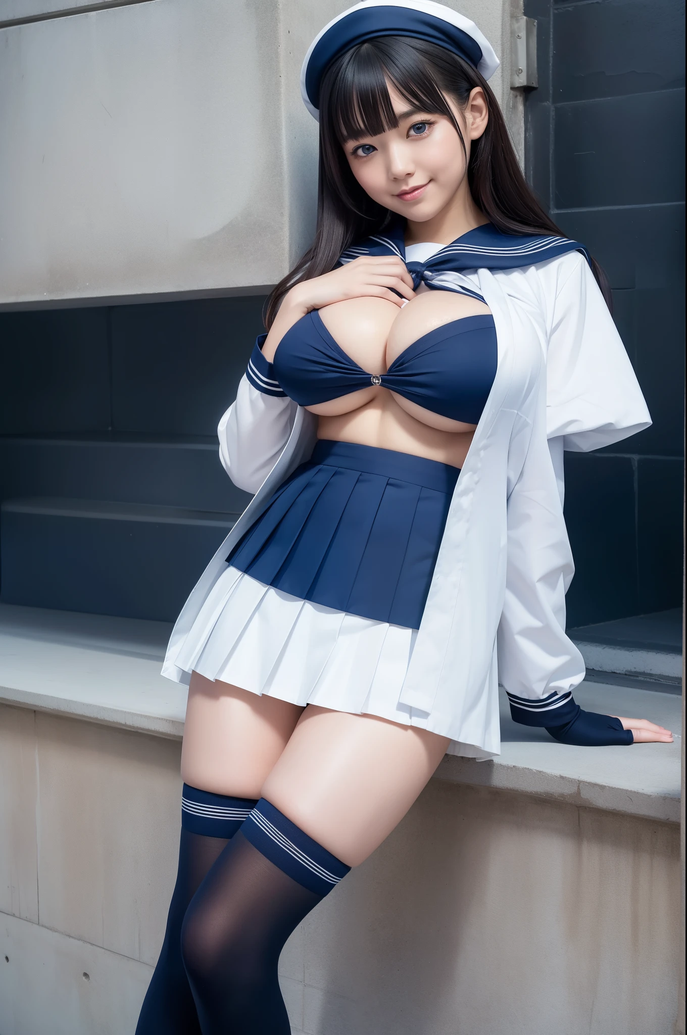 1girl, (solo), (wave), seductive smile:1.3, (), (big breast:1.5), ((beautiful anime eyes with fine detail)), realistic skin, sailor suit, (Navy blue pleated miniskirt), beauty of slender female legs, thigh-high socks,