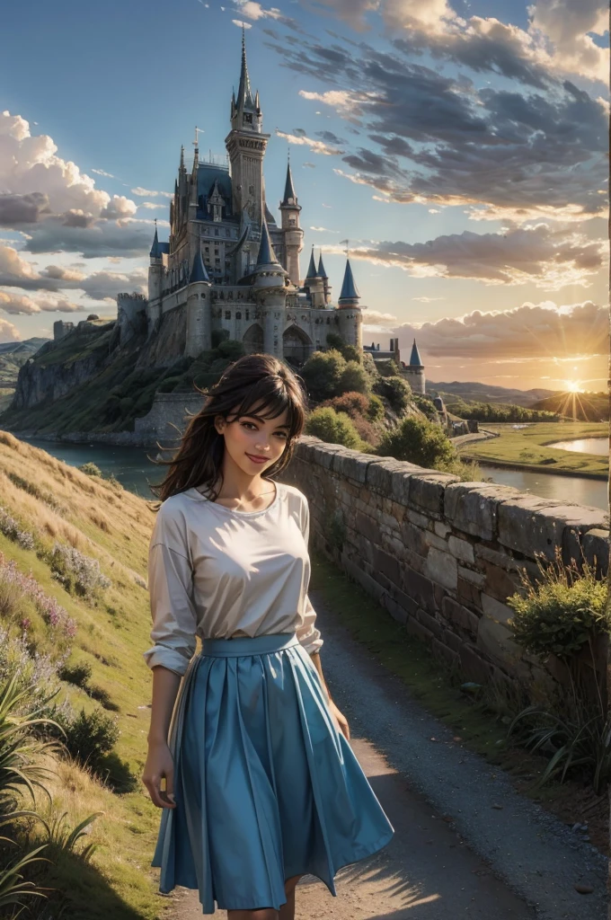 (((best quality))), high saturation, clear, reasonable structure, cartoon style, architecture, bridge, construction, castle, chimney, cloud, cloudy_sky, day, fantasy, door, grass, house, mountain, no_humans, outdoor, river, landscape, sky, sunset, tree, window, wheat field, wheat, jk maiden, smile, cute, blue skirt, white top