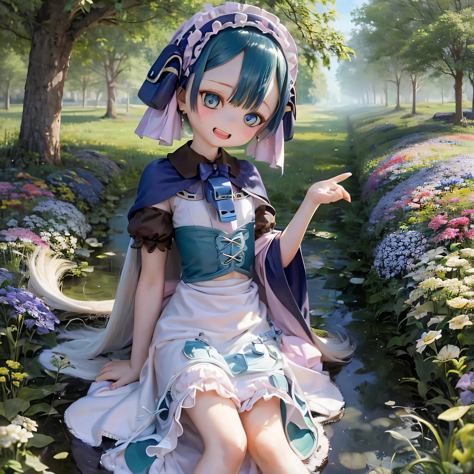 (highest quality, High resolution, masterpiece:1.2),super detailed,realistic:1.37,Maluluk from Made in Abyss,detailed and beautiful eyes,dense and beautiful lips,highly detailed eyes and face,long eyelashes,blue hair,curly hair,innocent look,smiled a little,white dress,Vibrant flowers in a lush garden々Standing in the,Butterflies are flying around,Soft sunlight illuminates her,emerald green grass,petals scattered on the ground,The endless blue sky in the background,A breeze rustling through her hair.waving