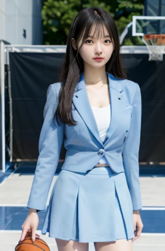 best quality, detailed, beautiful, insanely detailed, absurdres,perfect ???????,
Japanese woman,black hair,27 years old,
(slender),
(small breasts),
delightful, (playing basketball, dribbling:1.3), flipped hair, (light blue  business suit, light blue skirt:1.2), (wide shot), (full body shot:1.1)