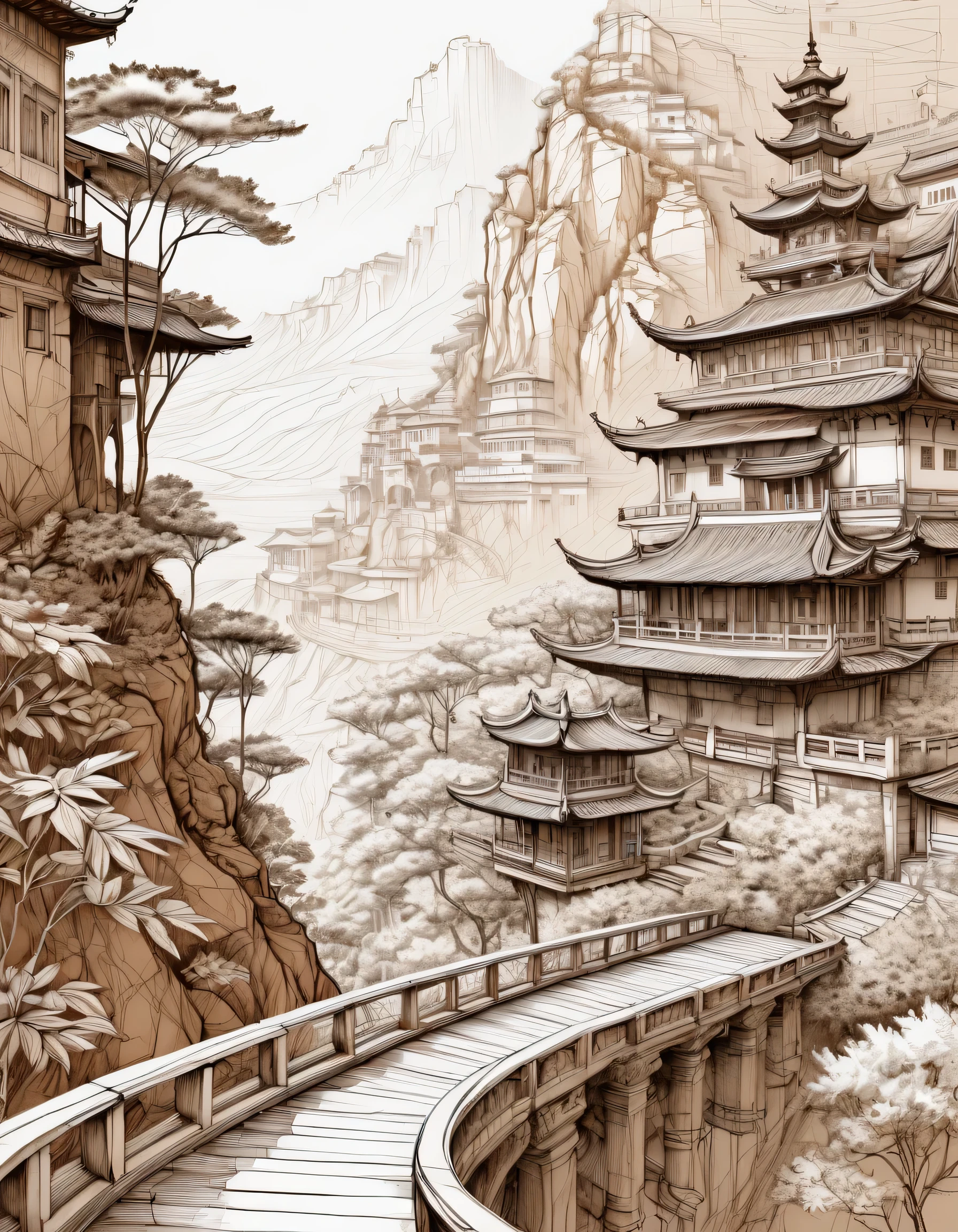 best quality,super detailed,actual,Line art,sketch,pencil drawing,brown and white,fine lines,Ink texture,expressive,contour,shadow,Beautiful and intricate patterns,Simple and elegant composition, masterpiece:1.2