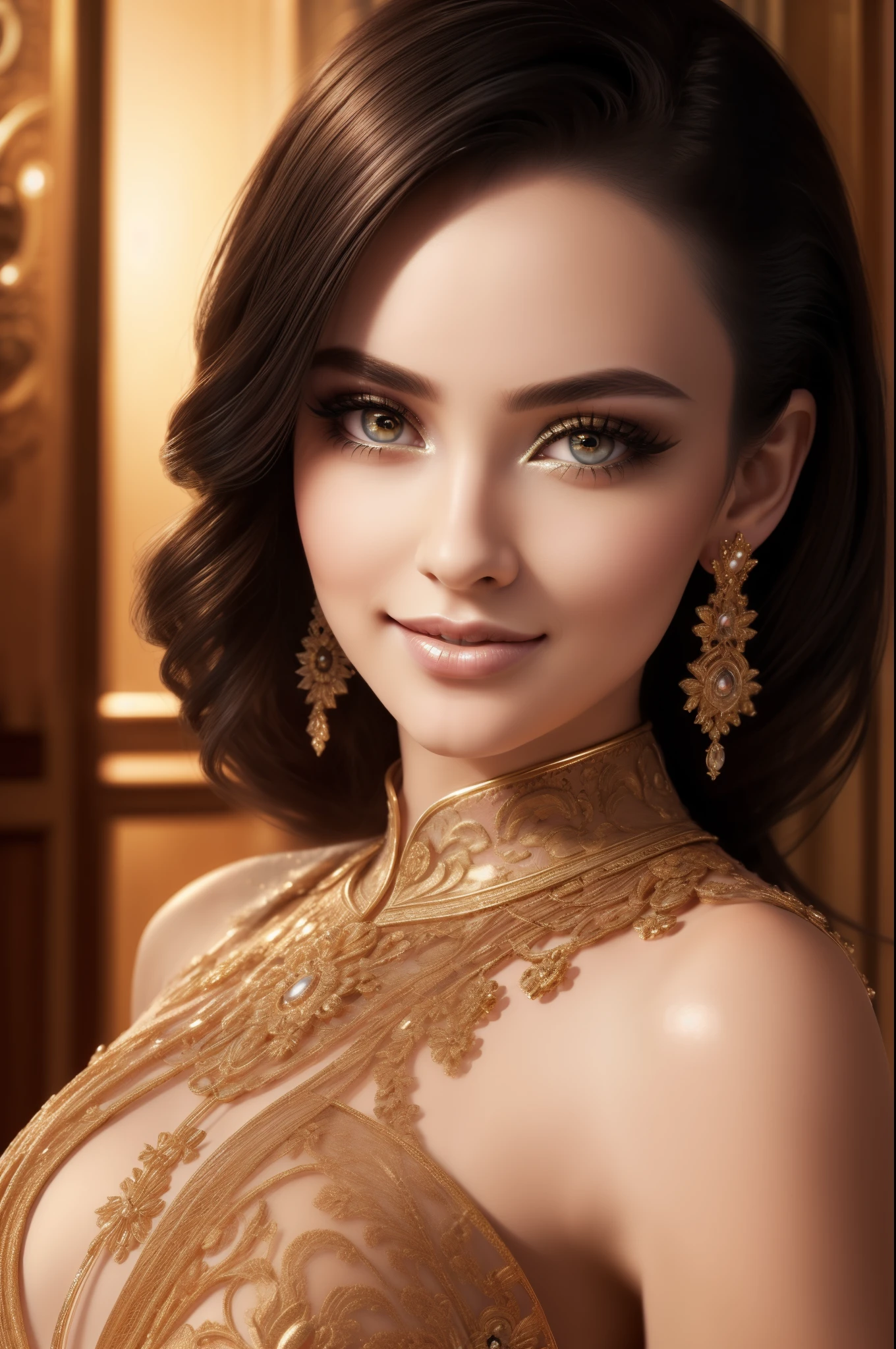 Dazzling Makeup,(masterpiece:1.2), best quality, masterpiece, A high resolution, original, Extremely detailed wallpaper, perfect lighting,(Extremely detailed computer graphics:1.2), Beautiful detailed girl, high detail eyes, Lips, Face, full length portrait, in a chic red evening dress, social event