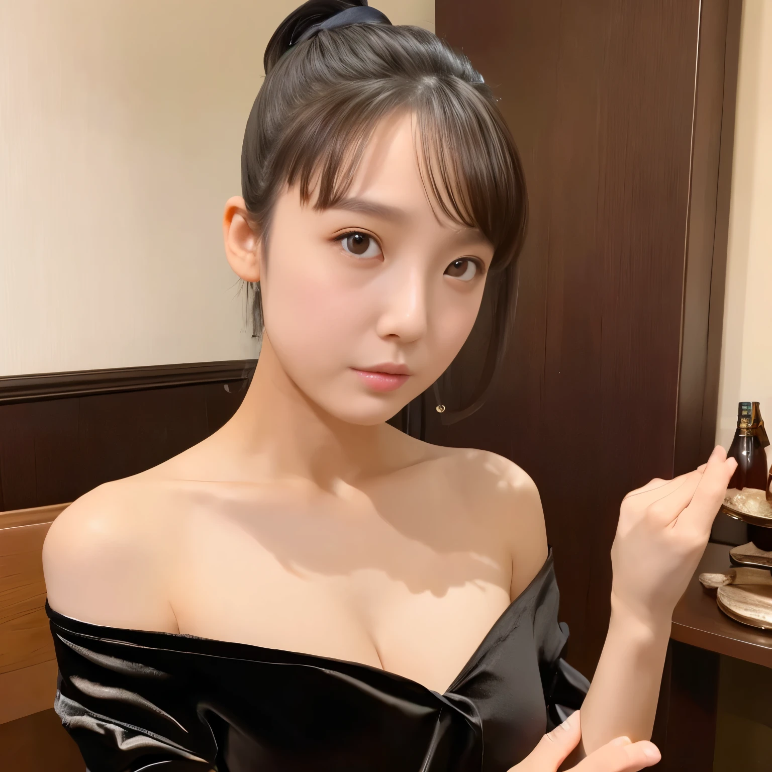 (1girl), Masterpiece, Best Quality, Ultra-realistic capture, Highly detailed, High resolution 16k, cute girl, natural white skin, (((natural saggy big breast:0.6, Height is 145cm, round face, black hair, ponytail, dark brown eyes, thin lips, thin eyebrows))), Today is an off day, attend a dinner party, wearing a shiny black velvet dress, dress is off shoulder, sit at the table and drink red wine, baccarat luxury wine glasses