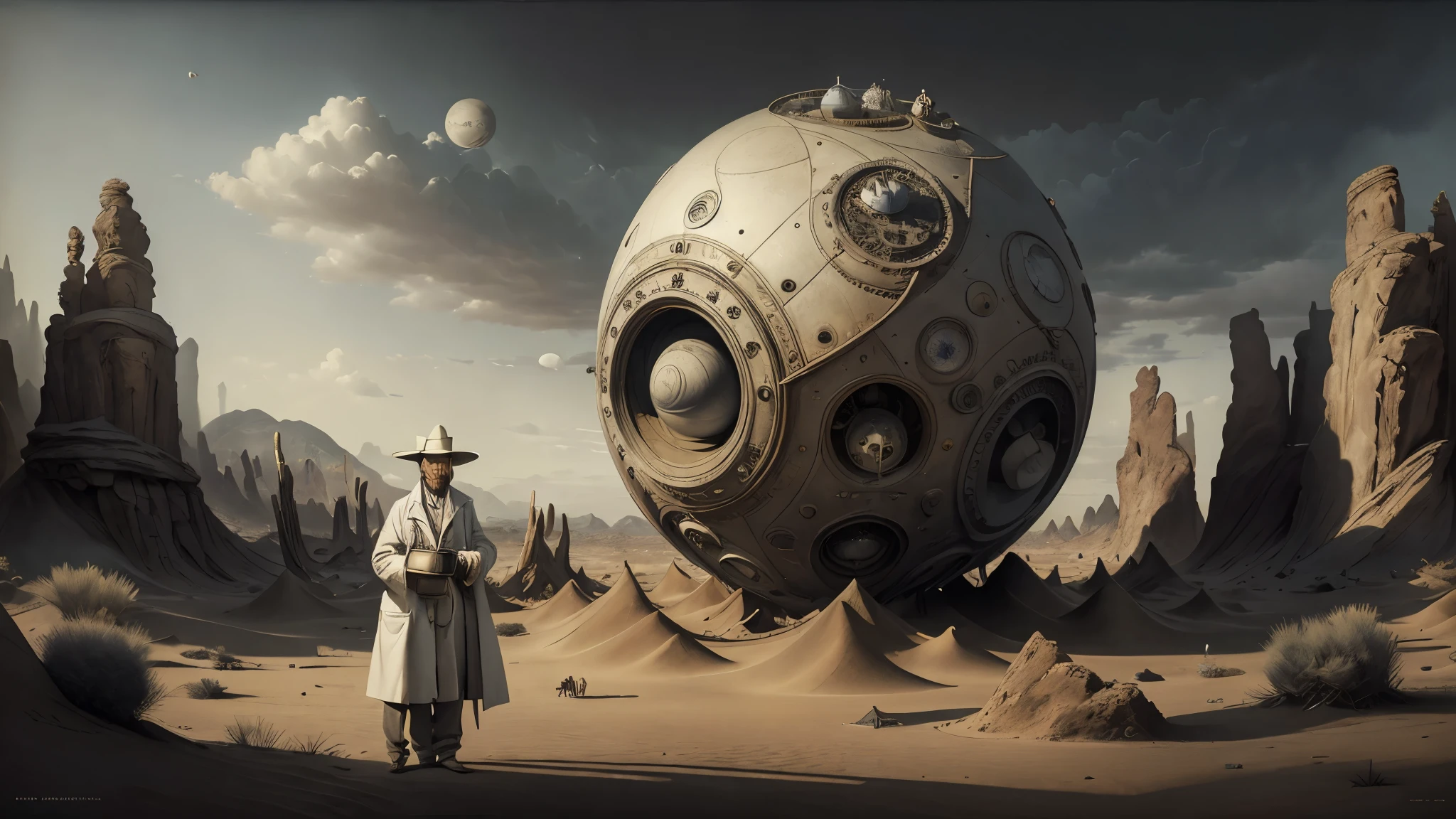 Surrealism, masterpiece, (ultra detailed) khee-Portrait of Surreal (incredible doctor) in white medical coat and gray pants, grim, has a complex detailed high-tech device (greebles,ight bulbs) glowing. Doktor stands in right half of shot. In the background absolutely flat huge space to the horizon, a huge ball rolled in the desert twisted from (dirty laundry).A dim evening diffused light. Impressions of paintings by Pieter Bruegel Salvador Dali. rutkowski