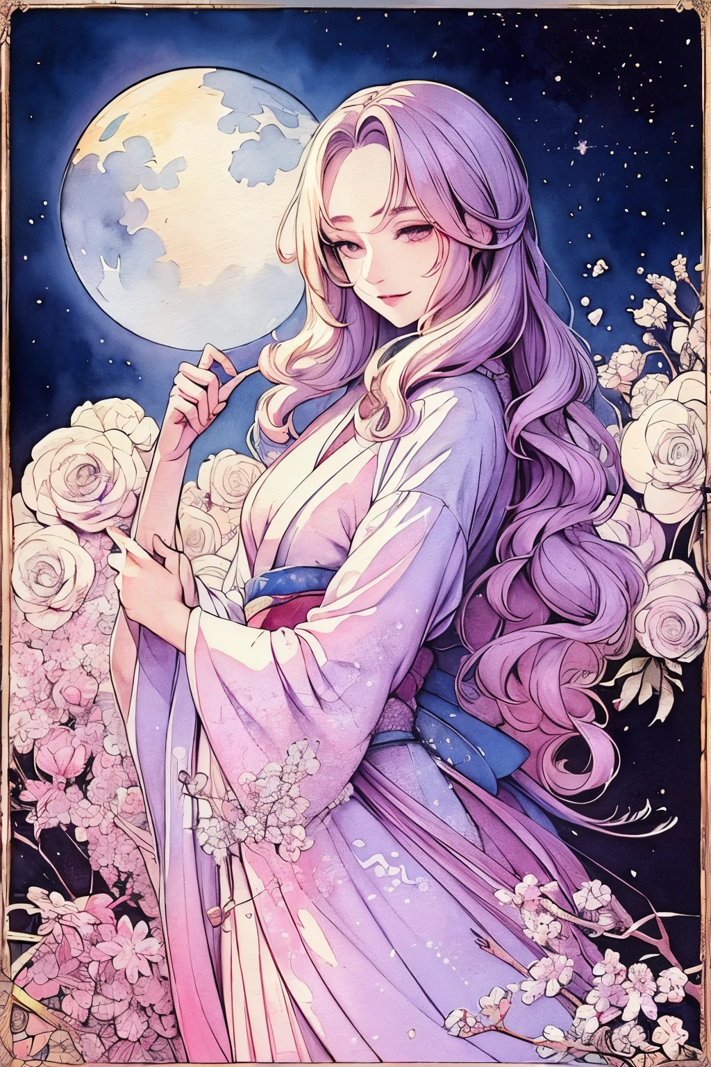 ​masterpiece: 1.7, top-quality, very extremely beautiful, Delicate use of colors、A detailed face、 art by, (watercolor paiting(Curly)、Official art、realisitic、Beautifully Aesthetic:1.3)、(1girl in:1.3)、(Fractal Art:1.3)、(Kimono)、The upper part of the body、From Side、looking at the viewers、patterns、Flowers and Birds Fugetsu、Yuki、Thousand Cranes、cloud、lantern、starrysky、stele、(masutepiece, Best Quality), Highly detailed, Sexy Female Ronin,  Samurai, Cherry border, Japan tattoos,  katanas, Japan, Night, Moonlight, Vector style art, ??????, Movie Poster Style, lettering.