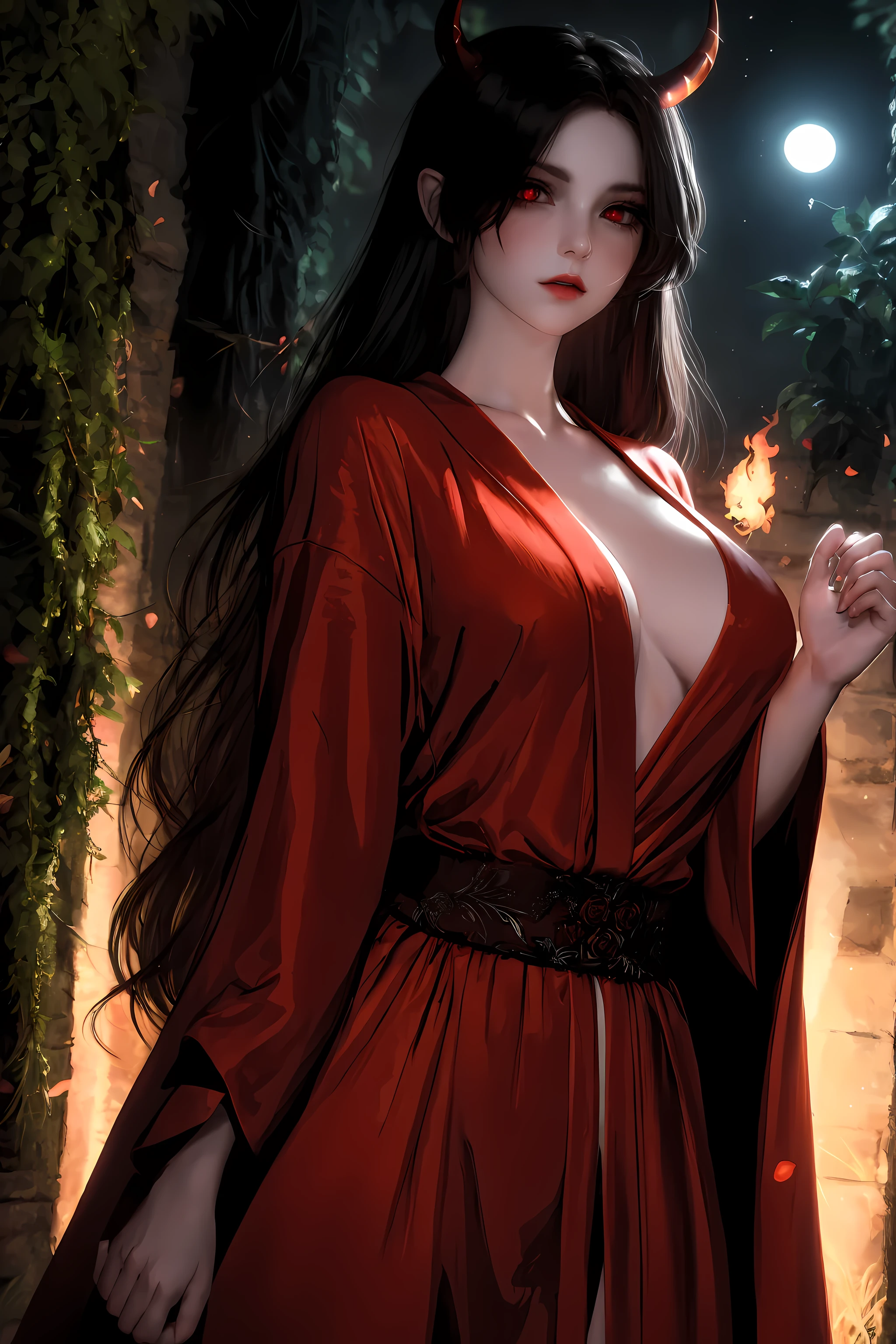 (8k,high resolution,masterpiece:1.2),actual,photo-actual:1.37,devil girl,red corner,beautiful and delicate eyes,beautiful and delicate lips,Extremely detailed eyes and face,long eyelashes,Sexy long black hair,fiery red eyes,Wearing a dark flowing robe,Floating in a misty forest under the moonlight,Red eyes penetrate the darkness,The soft and ethereal light reflects her graceful figure,Subtle shadows dance around her,Red rose surrounded by thorny vines,A sinister yet fascinating presence..,Depicted with dark and dramatic chiaroscuro lighting,Create an unforgettable and charming atmosphere,A clever fusion of traditional oil painting and digital art,evoke a sense of mystery and,Perfectly capturing the beauty and darkness of the enchantress,lace dress，yukata