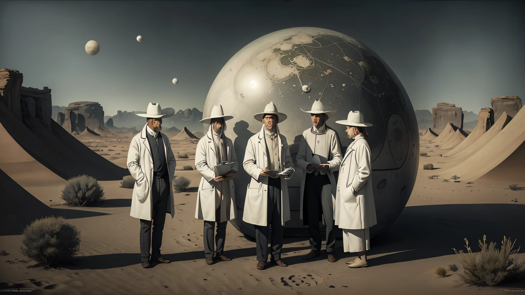 Surrealism, masterpiece, ultra detail. Absolutely flat huge space to the horizon. Surreal incredible doctor in white coat and gray pants, grim, hands in pockets of white coat. The doctor has a complex high-tech device. Light bulbs glowing. A lot of small details. In the background a huge ball rolled in the desert twisted from dirty laundry. groups of people 3-5 people in white clothes. They are talking among themselves. A dim diffused light. Impressions of paintings by Pieter Bruegel Salvador Dali