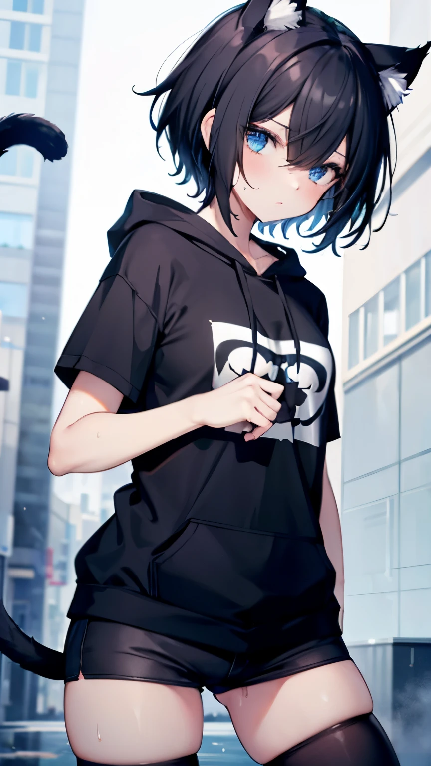 4k,High resolution,one woman,girl,black hair,short hair,cat ears,cat tail,slanted eyes,blue eyes,,slender,small breasts,tits,first round,black mask,T-shirt,hoodie,hot pants,wet with sweat,