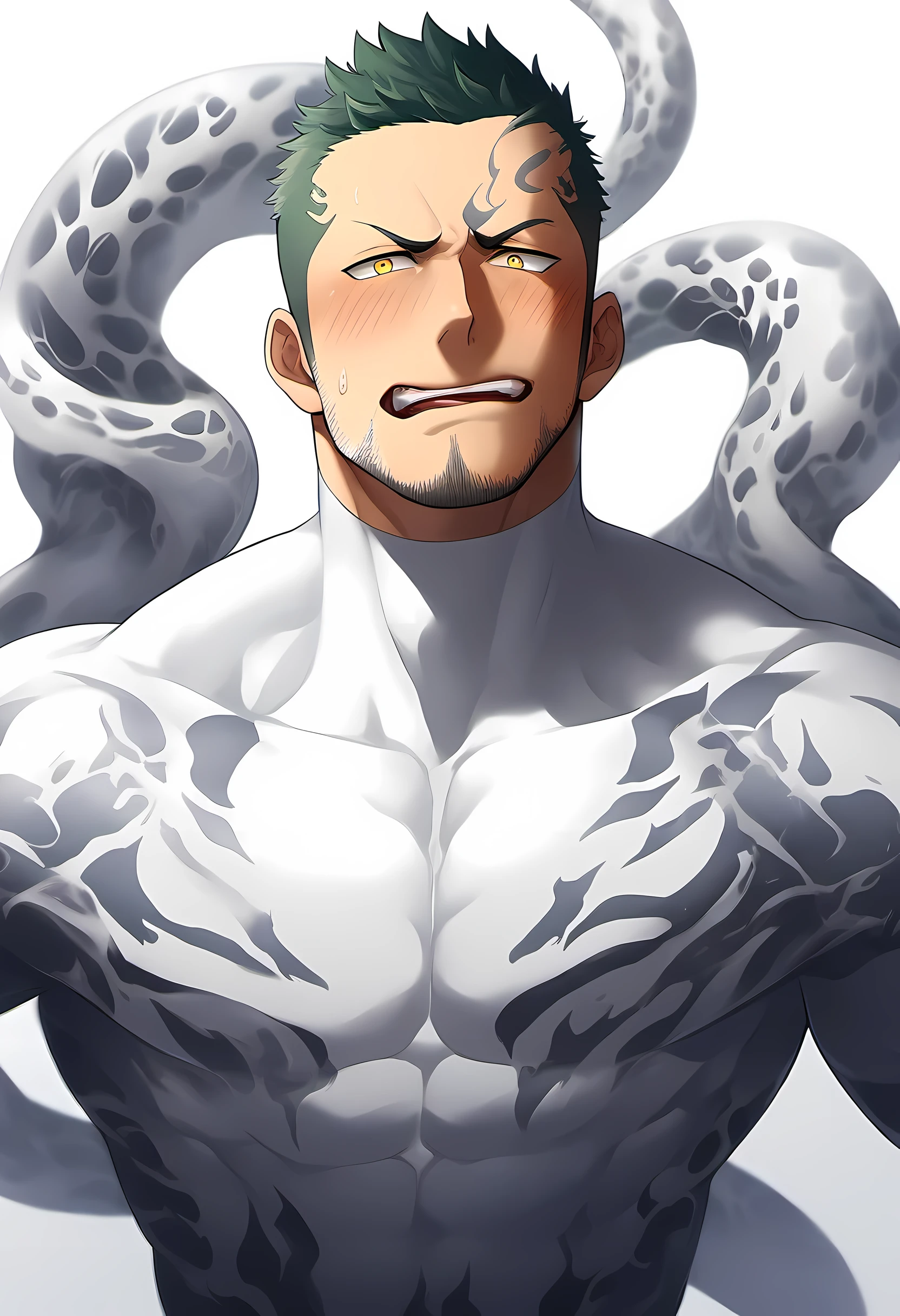 anime characters：Priapus in Venom Tights, 1个年轻的muscular man, male focus, buzz clip, White Venom Skinny Suit, venom logo, Lots of milky white tentacle slime, around the body, muscular man, extra large breasts, only, alone, short yellow hair, stubble, yellow eyes, blink, White background, simple background, amazing quality, best aesthetics, Ridiculous, bright pupils, short hair, open lips, blush, open lips, moan, Slobber, traces of saliva, Endure the face, best quality