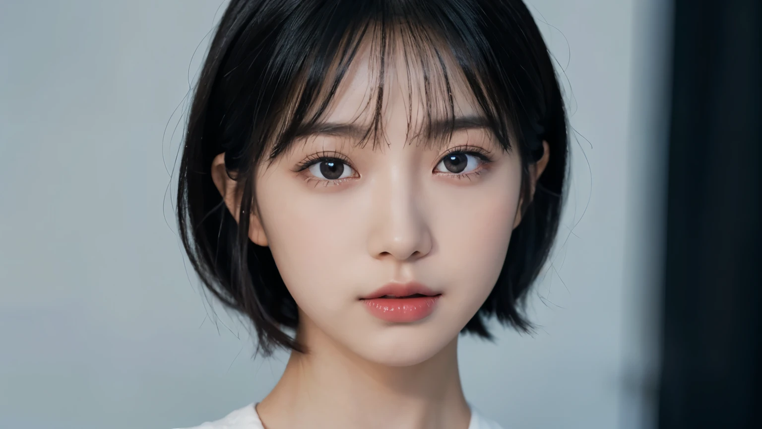 portrait of slim 1girl bang, wavy short hair, as sales person, at car center, wide angle, close up