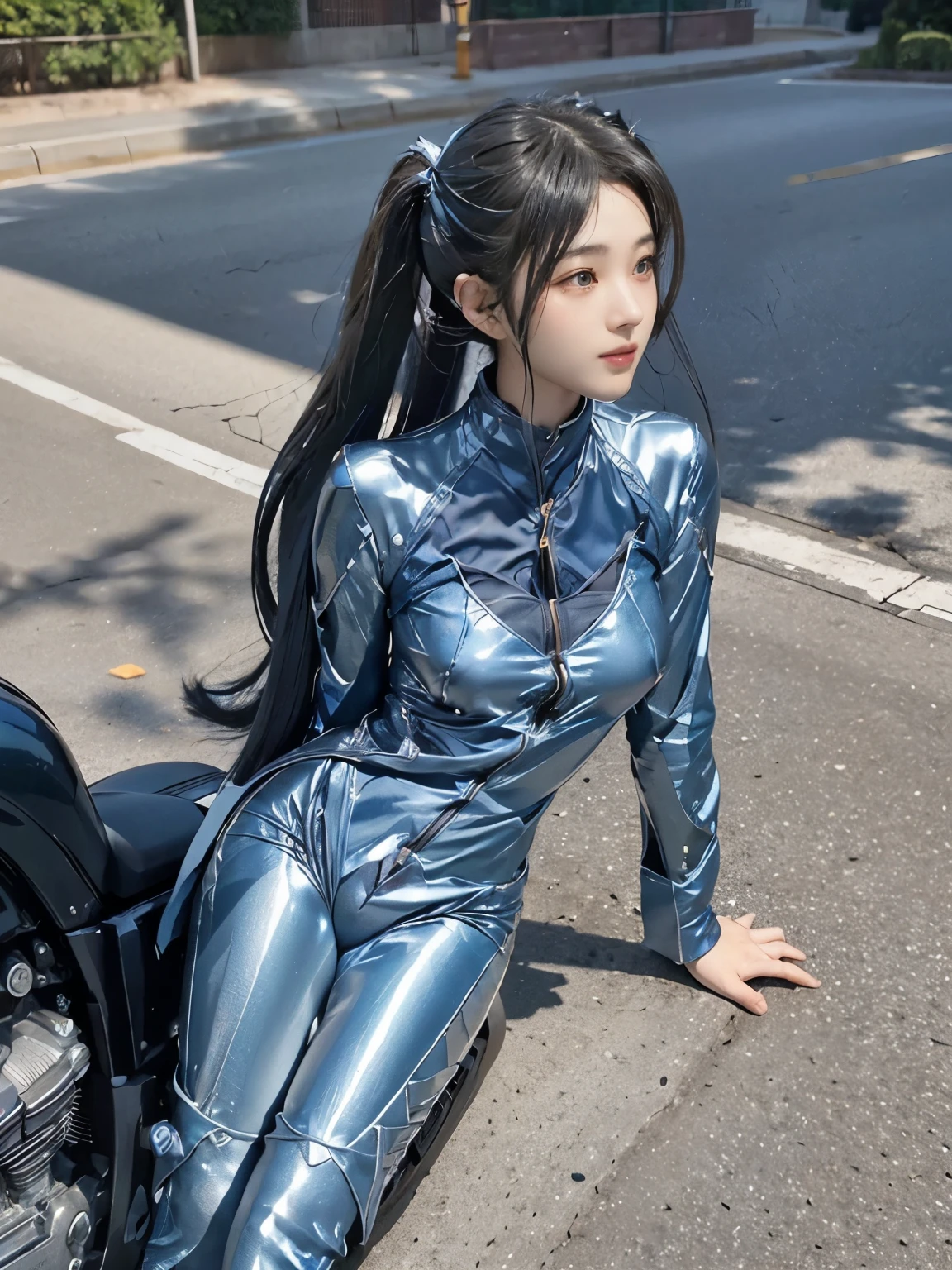  (realistic:1.5), 8k, Super delicate beauty, 1 girl, intricate bike details, (short: 1.3), (highest quality: 1.0), (Super high sharpness: 1.0),（Beautiful and delicate depiction of eyes）,unreal engine:1.4, photorealistic:1.4, skin texture:1.4, masterpiece:1.8,highest quality、smile、long limbs、(((ride a motorcycle)))、(((Metallic blue rider suit and long pants)))、(((twin tail hair)))