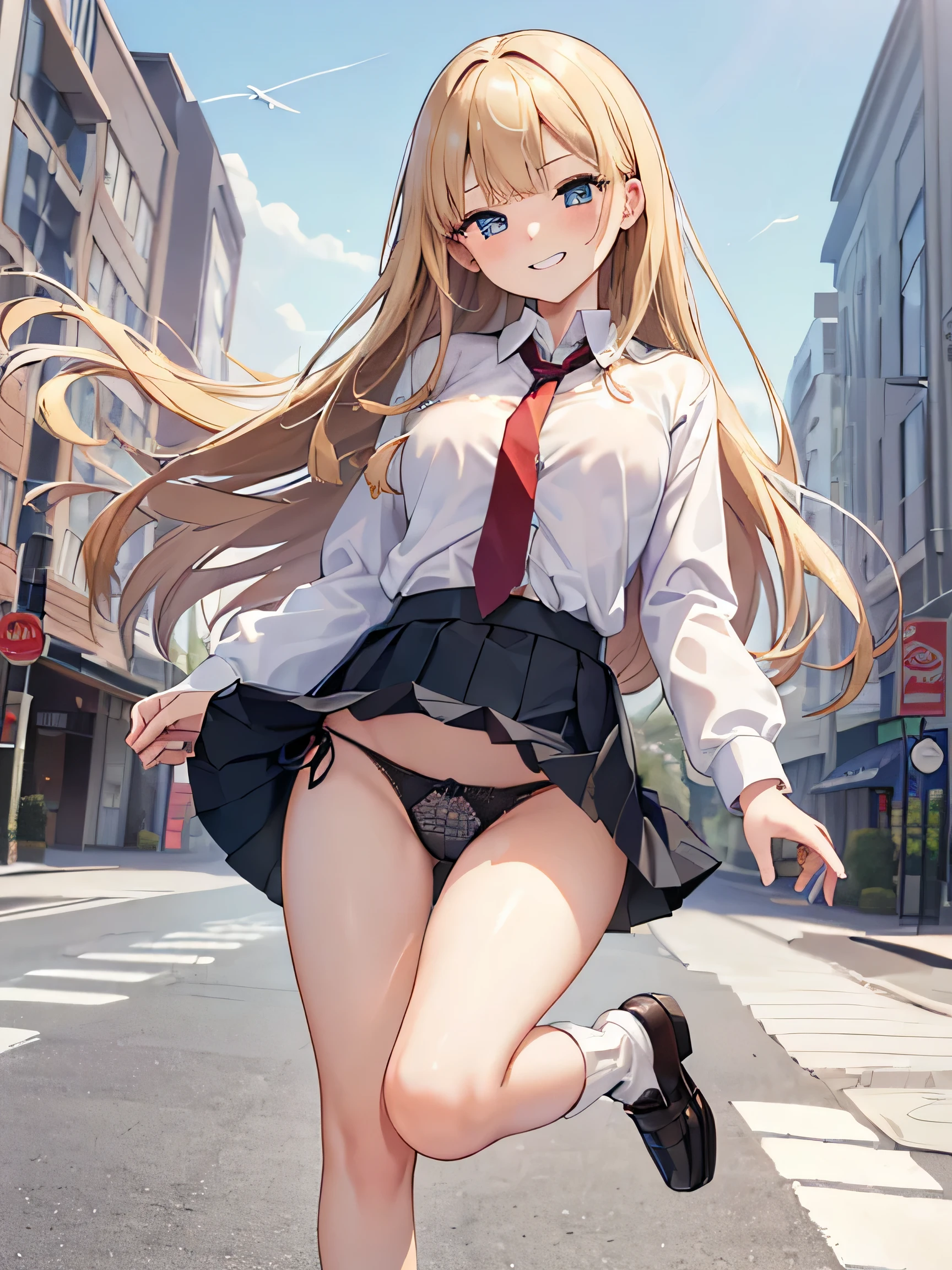 (masterpiece、highest quality、High resolution、realistic pictures、real looking skin、beautiful eyes、shining eyes:1.1)、 1 Japanese girl、alone、Full body Esbian、blonde、long hair、flowing hair、high school girl、bad、black loafers、 (Long collar shirt、uniform pleated red tie、The location is the high school ground.:1.1)、 (A skirt that flips up in the wind:1.5)、 (the hand holding the skirt:1.5)、(fully exposed panties:1.5)、 (loose socks:1.5)、 (Are standing:1.5)、 (fancy patterned black panties:1.5)、 (The first button of the shirt is open.:1.5)、 (his tie is tied loosely.:1.5)、 (His expression is provocative and grinning..:1.5)、 NSFW