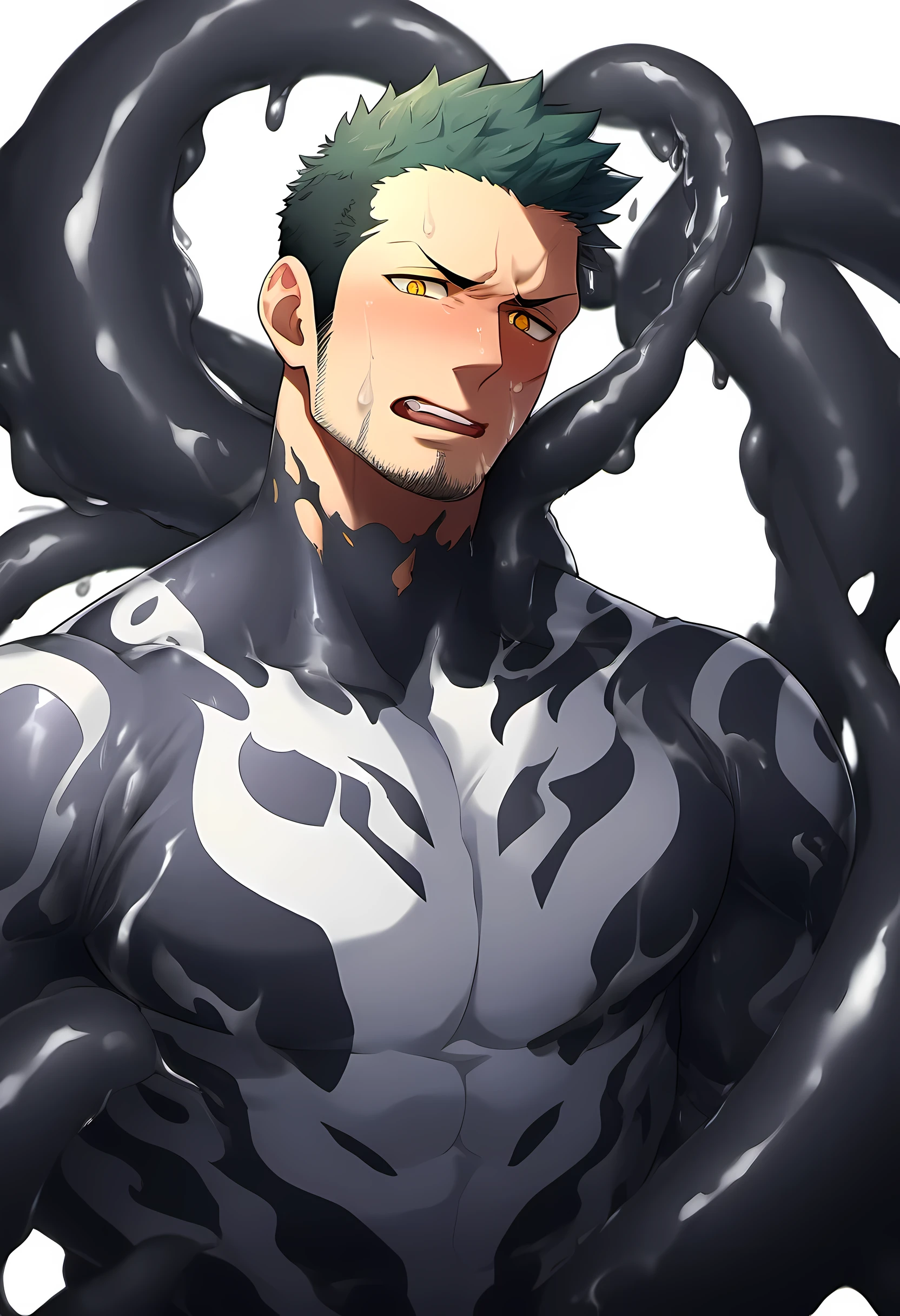 anime characters：Priapus in Venom Tights, 1个年轻的muscular man, male focus, buzz clip, White Venom Skinny Suit, venom logo, Many shiny black slime tentacles, around the body, muscular man, extra large breasts, only, alone, short yellow hair, stubble, yellow eyes, blink, White background, simple background, amazing quality, best aesthetics, Ridiculous, bright pupils, short hair, open lips, blush, open lips, moan, Slobber, traces of saliva, Endure the face, best quality