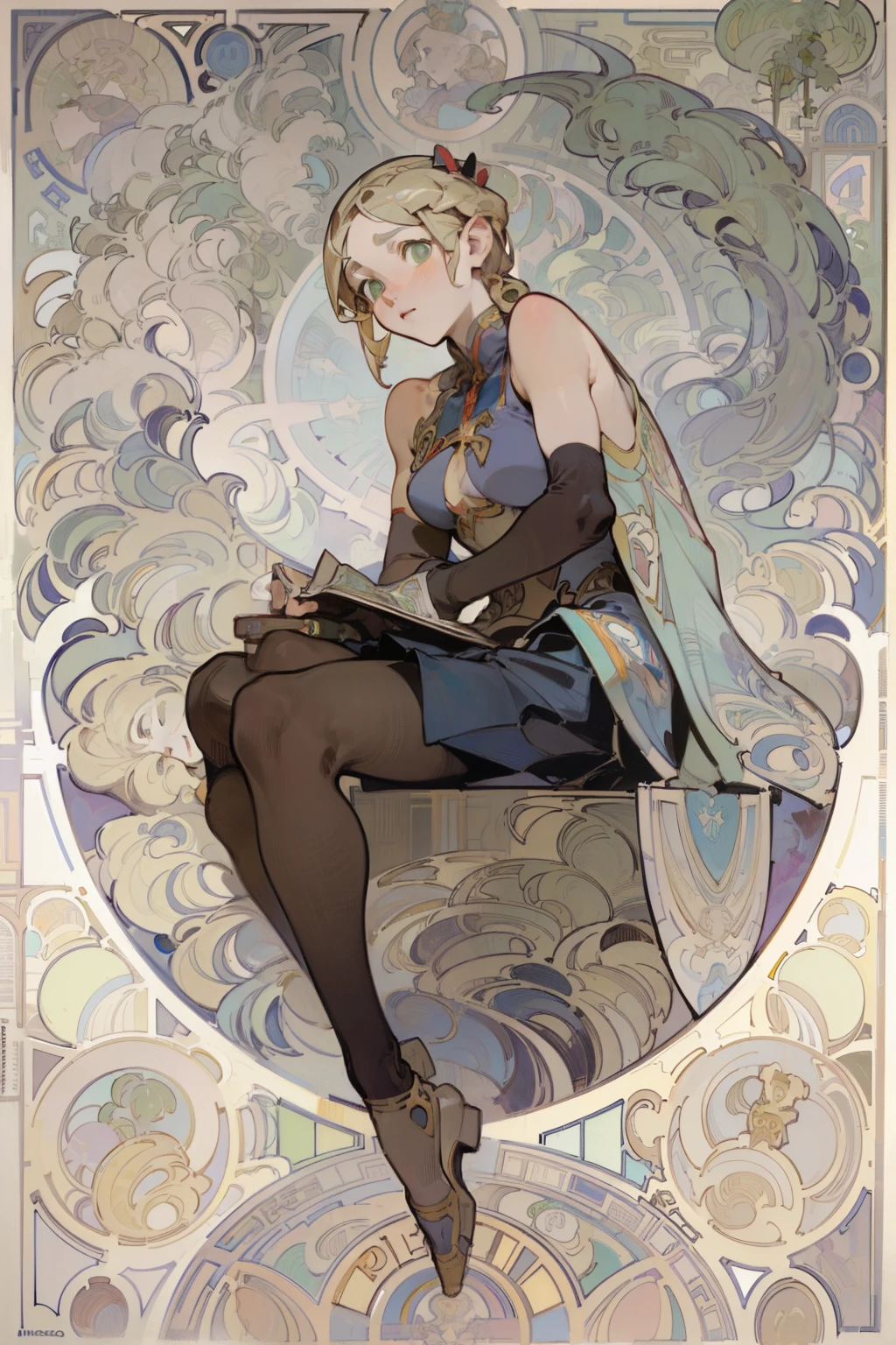 Art Nouveau, Posters in the theater, (((Alphonse Mucha&#39;s artwork))),  contour , bare shoulders,  Chinese knot, medium breast, Wearing black tights，pleated skirt，night，dark night，Star