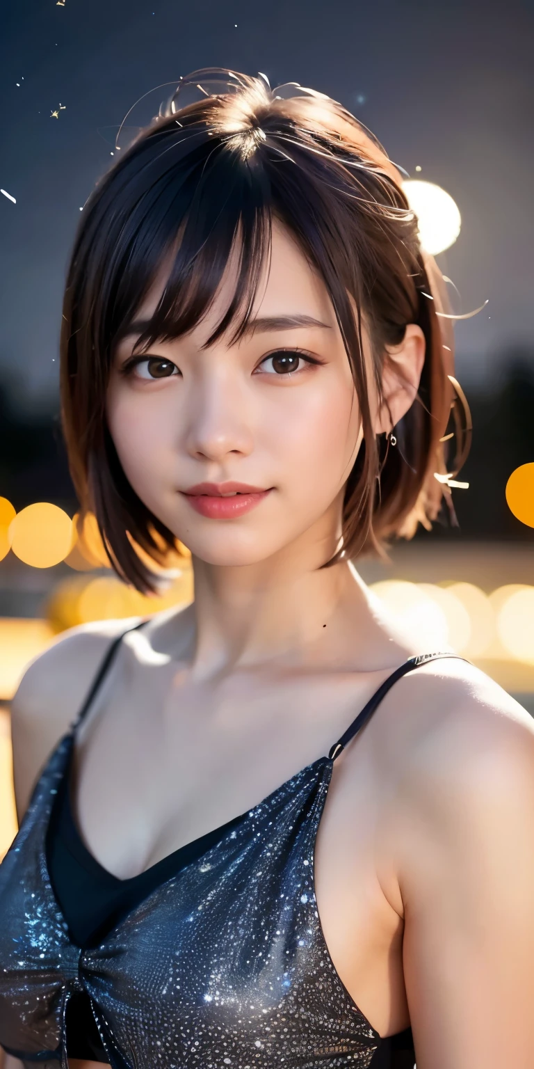 1 girl, starry sky,night, shooting star,Chinese Valentine's Day,Upper body,close,smile,, (8k, RAW photo, highest quality, masterpiece:1.2),(realistic, photo-realistic:1.37),
