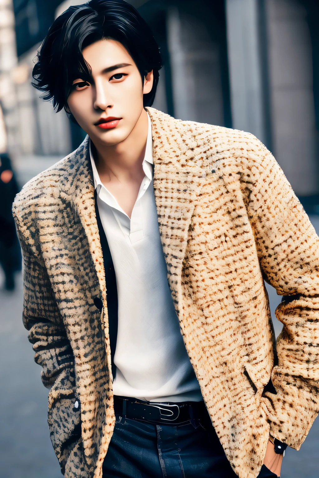 (8k, highest quality, masterpiece, ultra high resolution:1.2),Super realistic、1 Korean Boy,20-year-old、black hair、medium hair、Ryoma Takeuchi、medium hair、street fashion、Handsome guy、super handsome、GUCCI、Down jacket、model、
