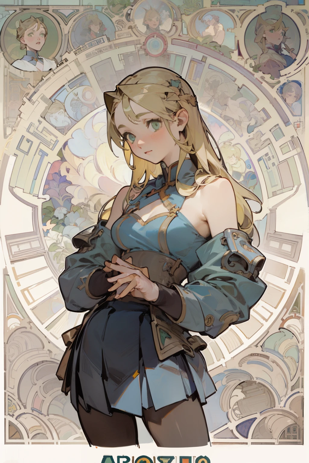 (masterpiece, best quality) detailed, Wearing black tights, silver accessories , zipper unzipped , Blonde ,elegant, pointed ears ，Chinese element pattern，thigh，漏出thigh，White clothes，White maid，torn clothes，Alphonse Mucha