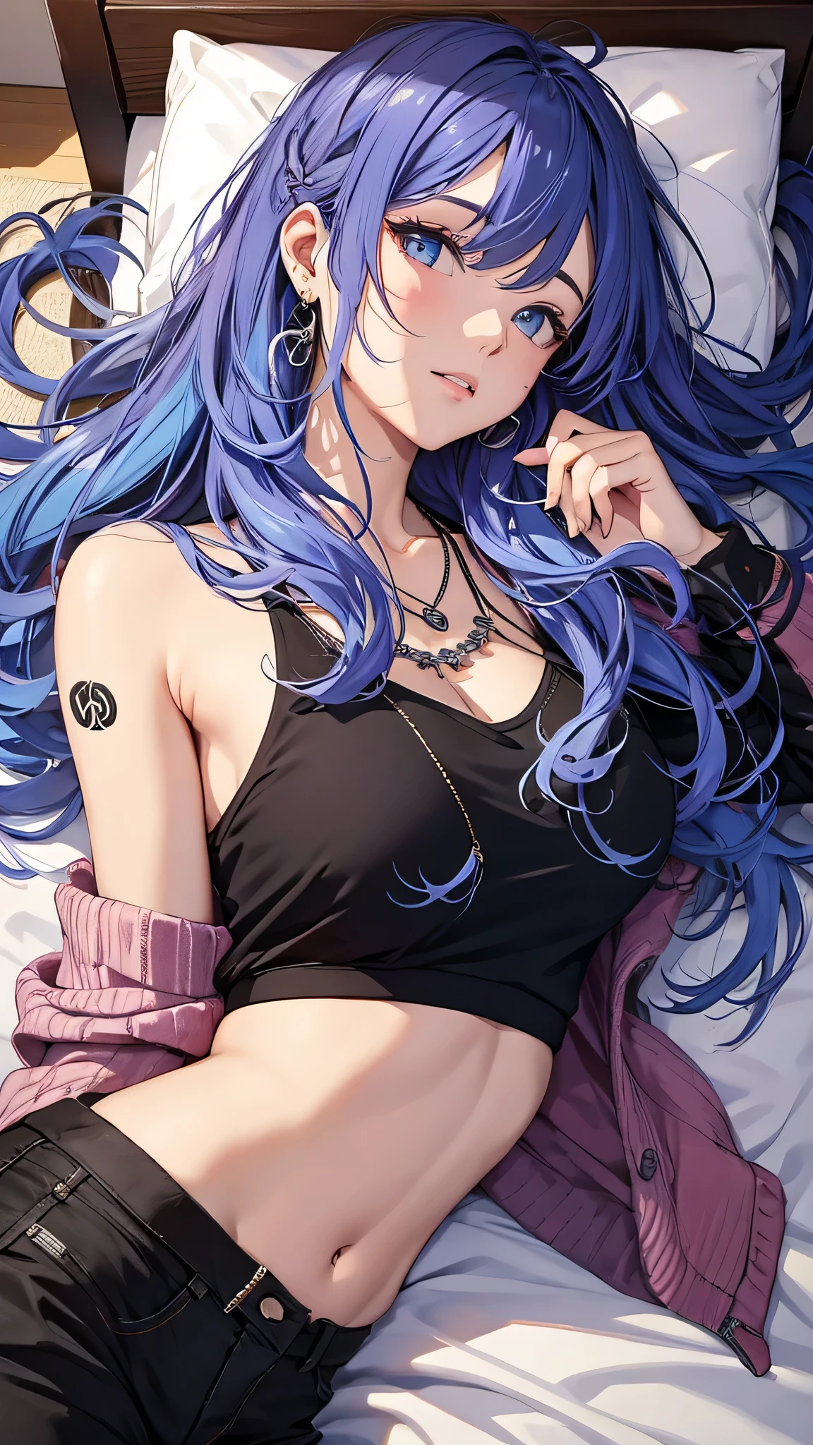 最high quality、best image quality、masterpiece、girl((20-year-old、 By becoming、vest bust、medium bust,wide open breast tea、shining eyes, neon hair、long hair、thin,highest valley、black tank top、blue pants、full body tattoo,diamond earrings、Wristband、necklace,sleep in bed,lie)),high quality、beautiful art、background((Beautiful hotel room))、Flight、debris flies、Depth of written boundary、movie、visual art、perfect art、8k,genuine、Top-down perspective