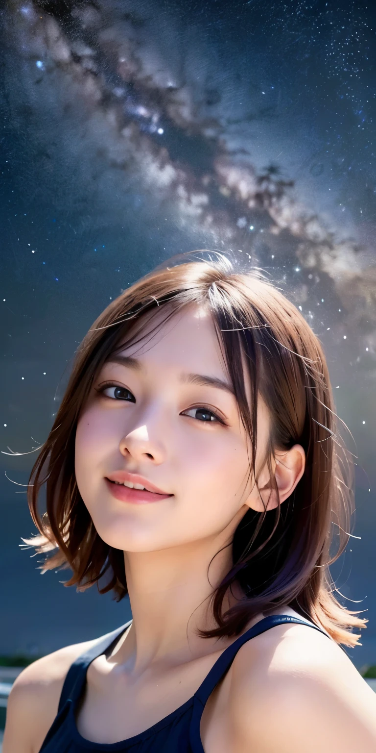 1 girl, starry sky,night, shooting star,Upper body,close,smile,, (8k, RAW photo, highest quality, masterpiece:1.2),(realistic, photo-realistic:1.37),
