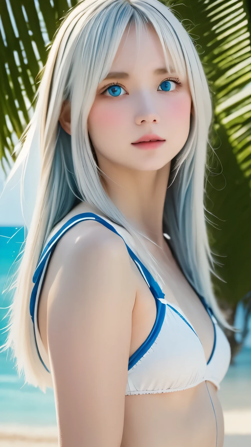 1 girl、 masterpiece, , 8k, Super detailed, 、because I&#39;thin、(flat body:1.34)、cute、downward 、, silver hair, blue eyes, detailed beautiful face, , ,very realistic photo, ,,((white sand beach、Palm tree、blue sea、blue sky、))、cowboy shot、Beach parasol、highest quality、ultra high resolution、