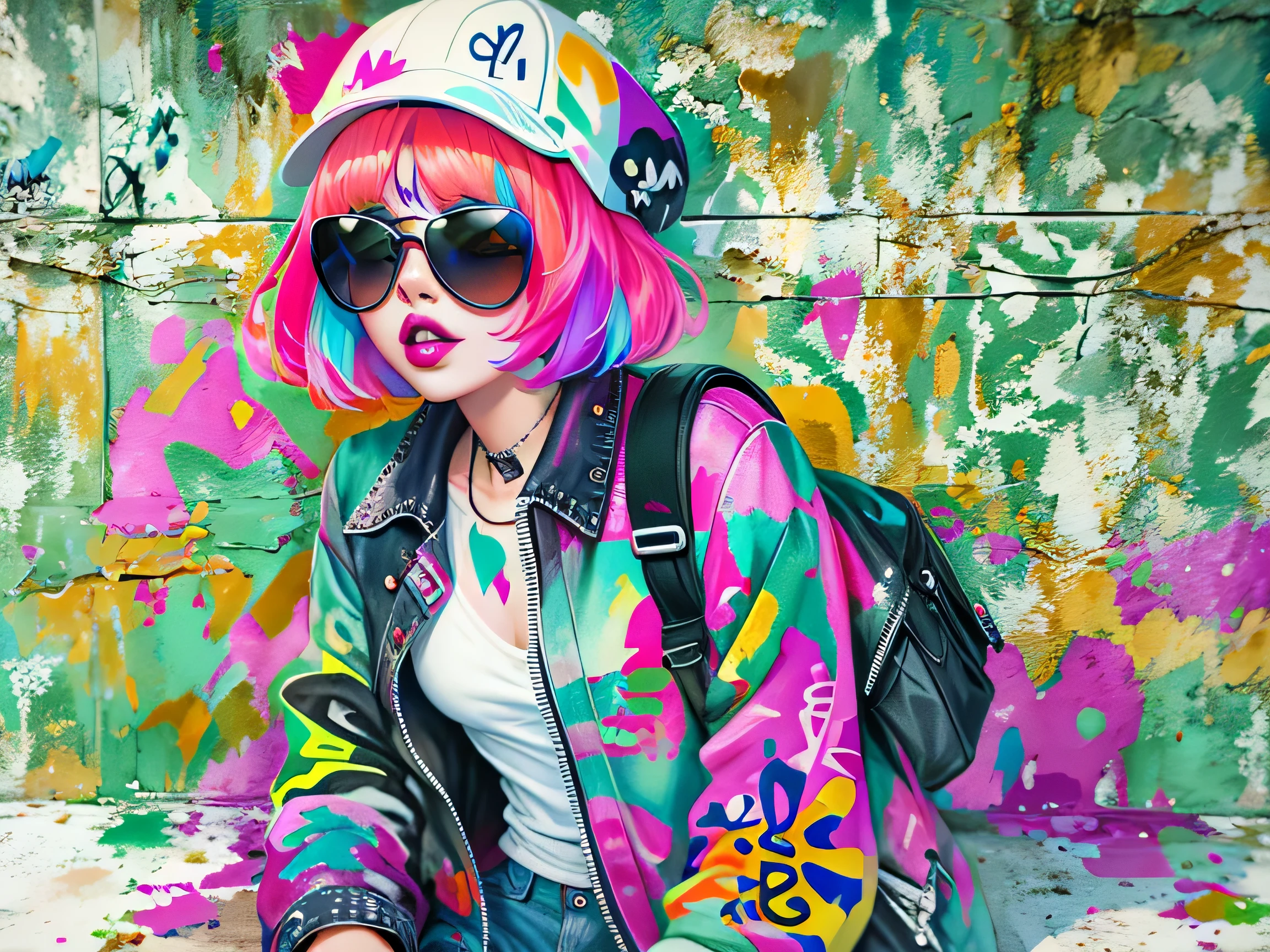 watercolor painting、8K resolution、((highest quality))、((masterpiece))、((Super detailed))、1 female、alone、The strongest beautiful girl of all time、((incredibly absurd))、(((Stylish sunglasses))), Fashionable hats, lips in love、skull fashion、sit on the ground、neon、bob cut hair、 (((skull graffiti art))), colorful hair、High walls