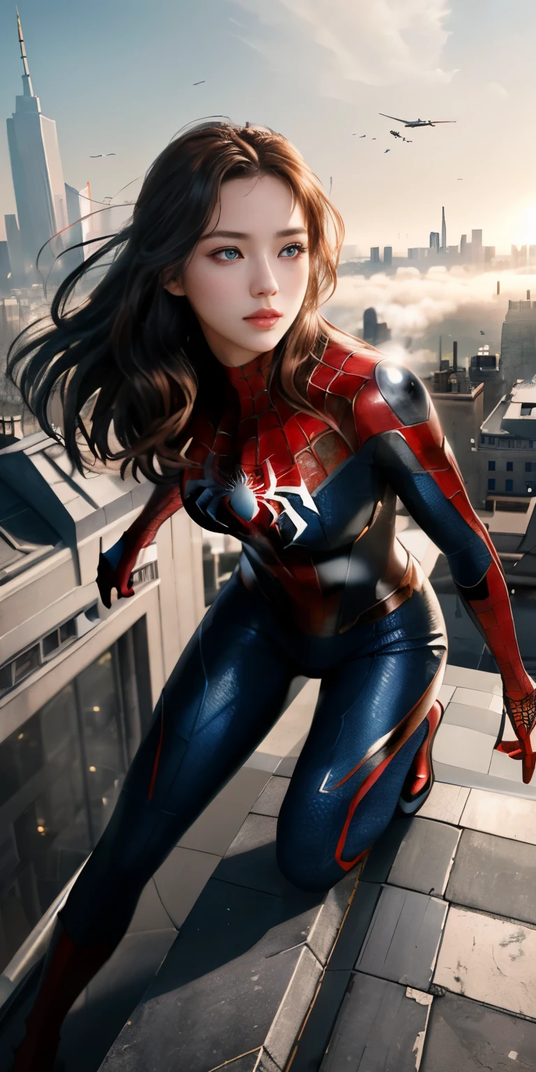 (1 girl:1.3), alone, (((Very detailed face)))), ((highly detailed eyes and face)))), beautifulディテールの目, body parts__, official art, unified 8k wallpaper, Super detailed, beautiful and beautiful, beautiful, masterpiece, 最high quality, original, masterpiece, super detailed photos, 最high quality, ultra high resolution, realistic realism, sunlight, full body portrait, amazing beauty, dynamic pose, delicate face, lively eyes, (from the front), she's wearing a spiderman suit, red and black color scheme, Spider, Highly detailed city roof background, rooftop, overlook the city, detailed face, Detailed complex and busy background, Messy, nice, milky, highly detailed skin, realistic skin details, visible pores, clear focus, volumetric fog, 8k UHD, Digital single-lens reflex camera, high quality, film grain, Fair skin, photorealism, lomography, Futuristic dystopian megalopolis, translucent ,