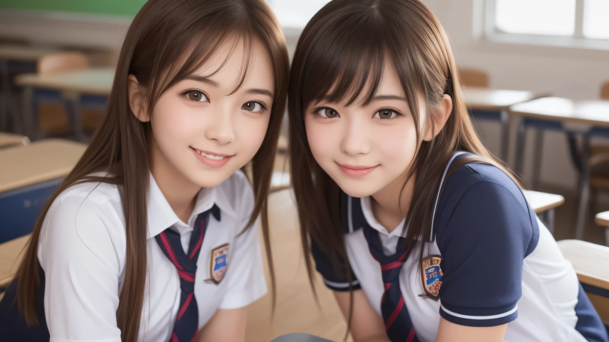 (2 girls:1.2), incredibly beautiful face, enchanting smile, (school uniform, mini skirt:1.2), (highest quality: 1.4), (Super detailed), (highest quality:1.4), (super detailed), evening, very high resolution, (Upper body), close up face, (School, classroom), School anime, anime illustration,