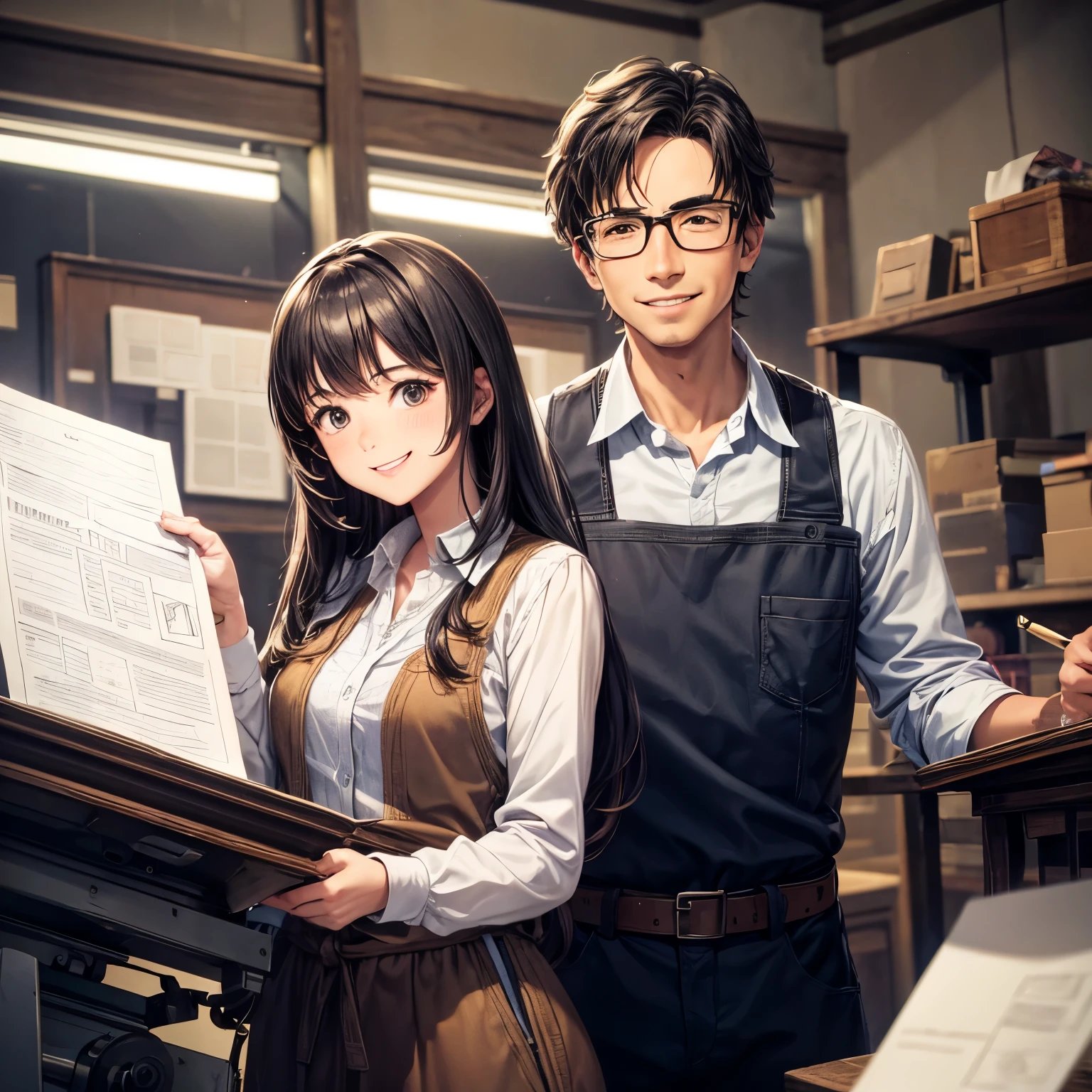 Marta and the owner of the printing press work together on the final design of the invitations, with satisfied smiles on their faces.