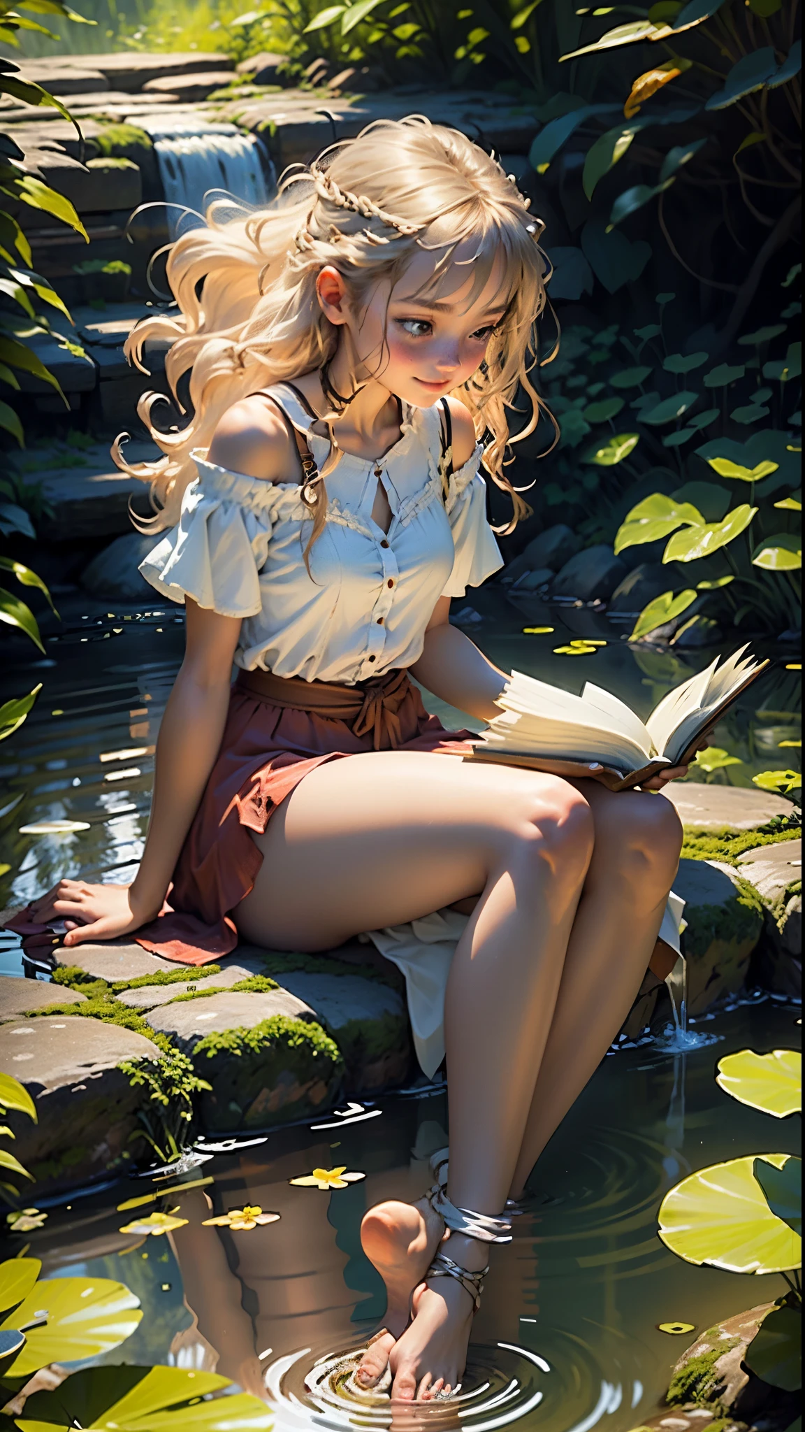 (sitting on the grass leaning against a tree, reading a book, knees together, feet apart, upskirt, (Hairy:1.1), (pubic hair:1.1), (view from front, low angle), sundress, detailed, morning, sunrise, high resolution, ultra quality, a masterpiece, (blond hair german (Alicia Vikander:0.5, Emma Watson:0.5))