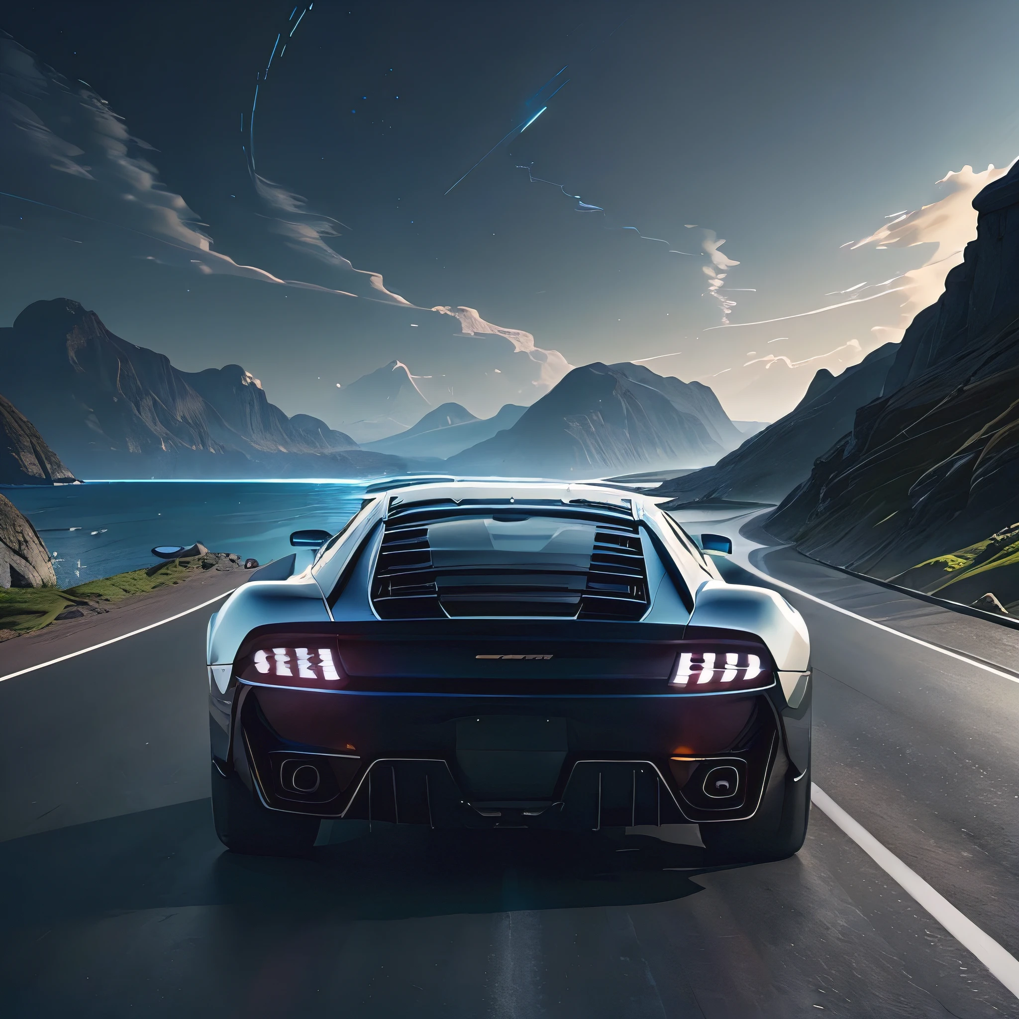 A breathtaking summer scene, featuring a supercar with advanced aerodynamics, navigating winding roads with its sleek form brilliantly highlighted in ultra 16K resolution. The low-angle shot, captured using a wide lens, emphasizes the side profile of the midnight blue vehicle with meticulous detail, every curve and line distinctly visible.