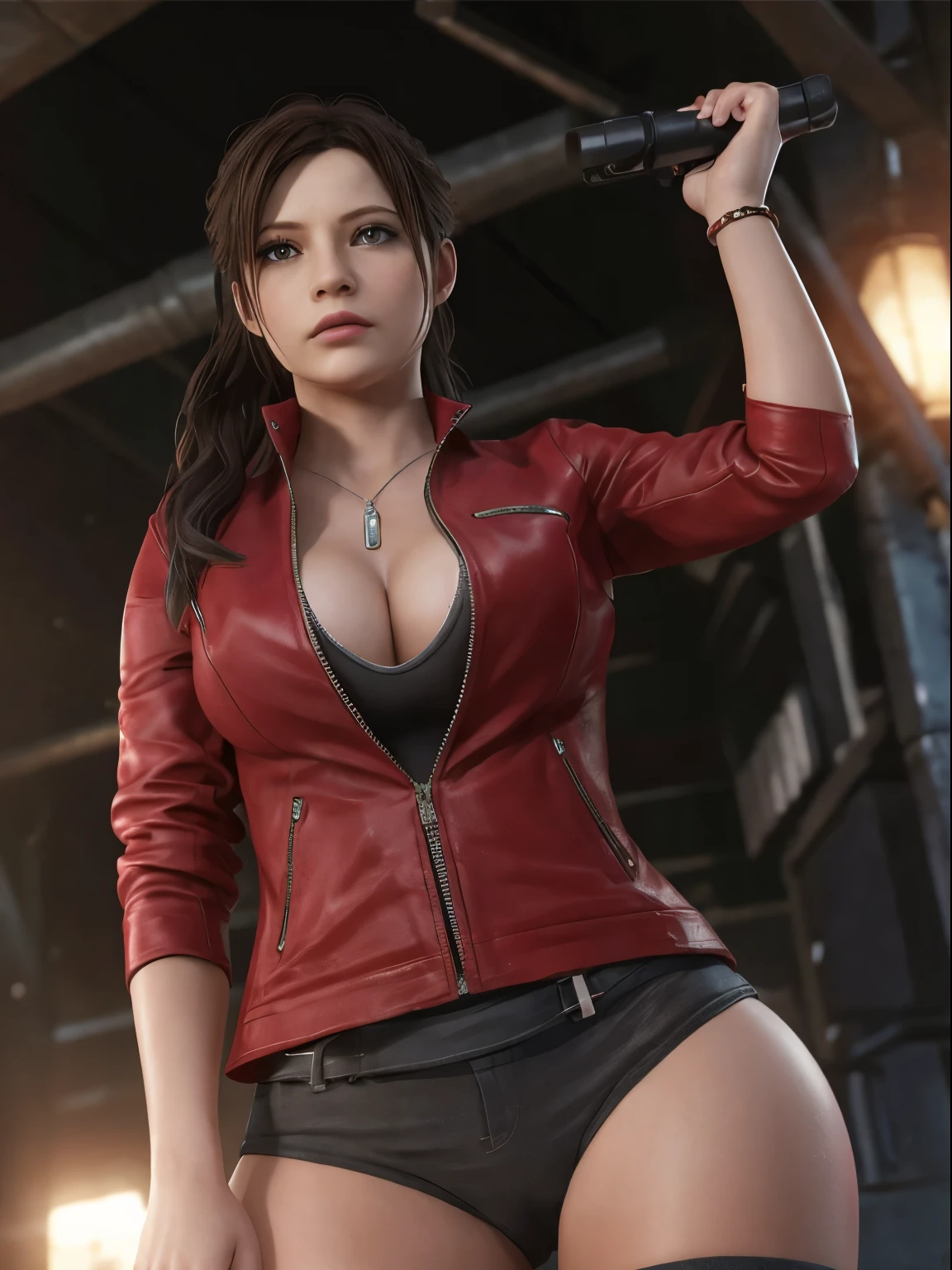 Claire Redfield, {{master part, best quality, CG extremamente detalhado, Unity 8k papel de parede, Cinematic lighting}},  1girl, Mulher nova, corpo inteiro, dia ensolarado, belos olhos detalhados, (seios grandes, clivagem), Bunda redonda, looking up at the audience, long eyelashes