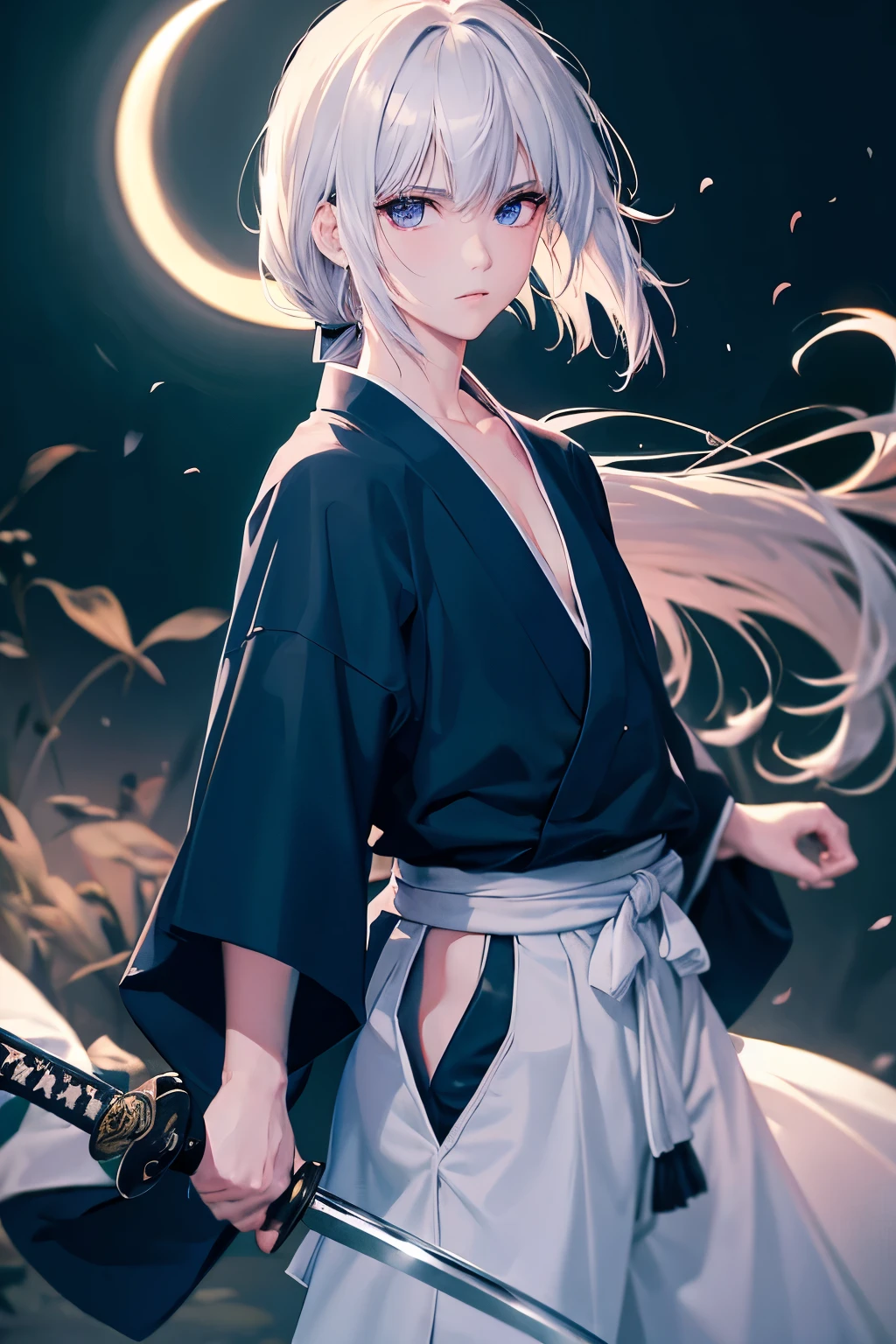 （high quality、masterpiece、be familiar with、normal body）（（Beautiful girl with a Japanese sword in her right hand:1.4、silver hair、Eyes that emit a mysterious light））、Wearing a mysterious black robe、wearing a white skirt:1.2、moonlight、Crescent moon emblem on the forehead、I have a Japanese sword:1.5、Battoujutsu、Absence、Hiten Mitsword Style Secret Technique Tensho Ryusen