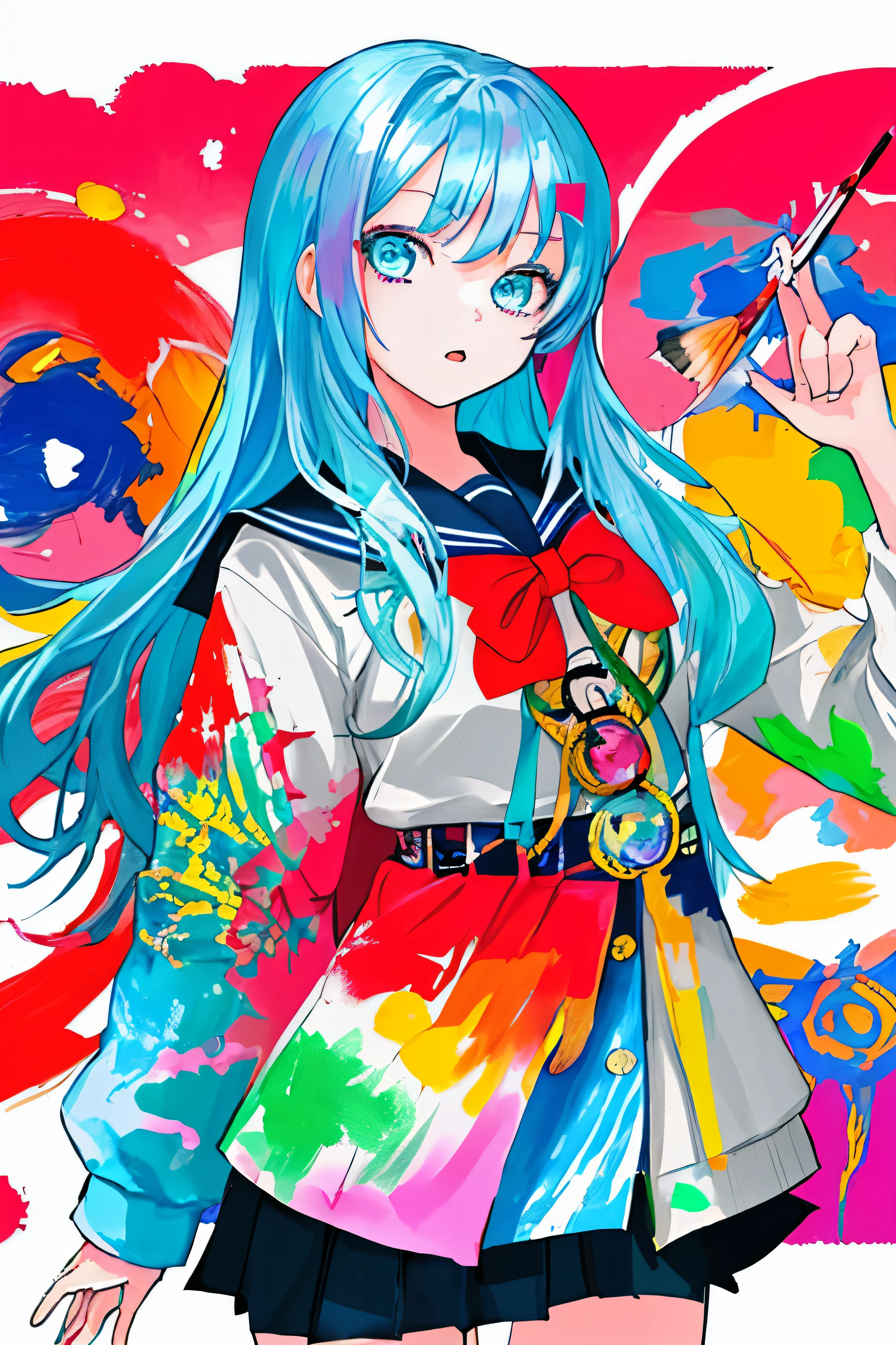 Art Department。colorful。high school girl。draw a picture with paints。The photo pops out。not looking at the camera