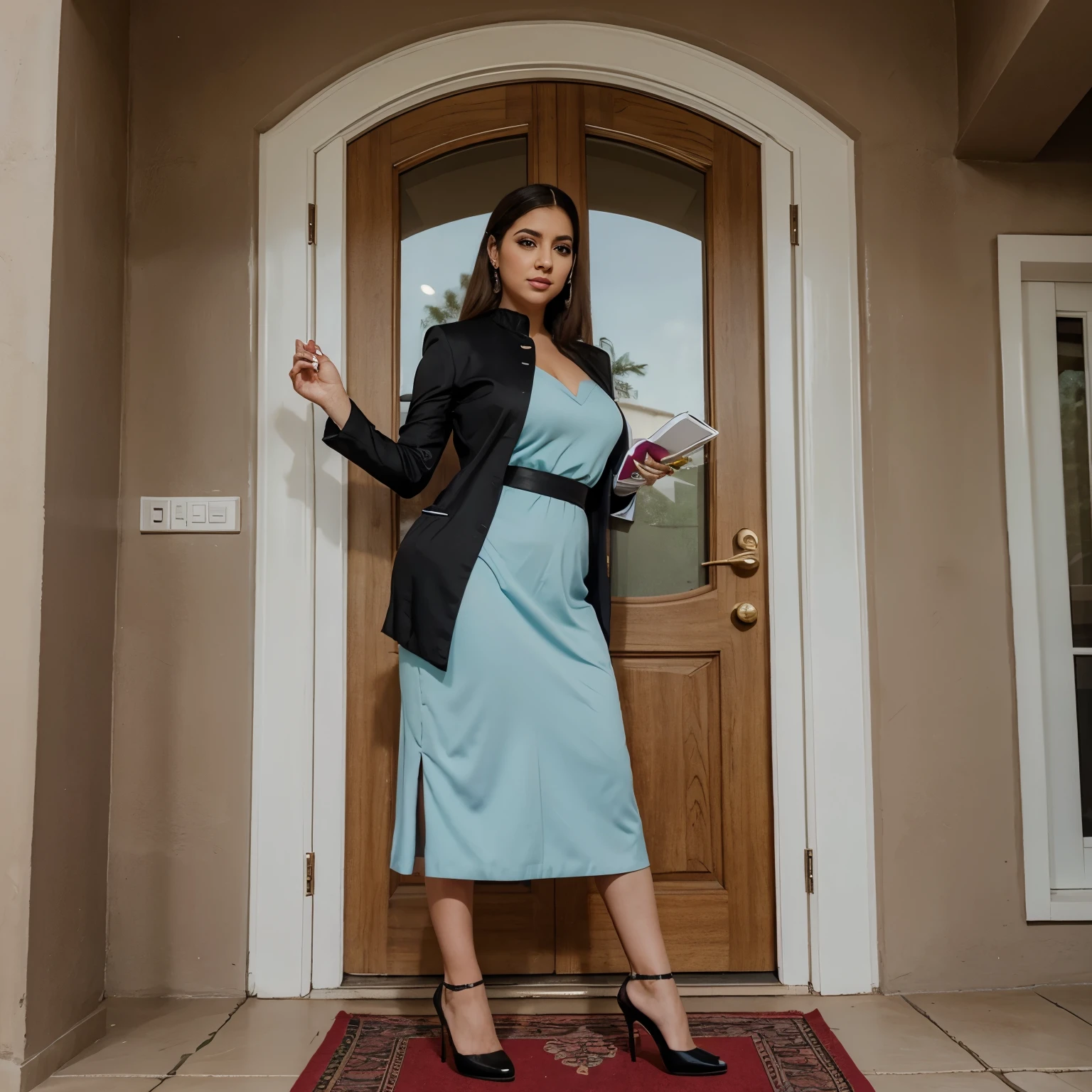 Mujer gordita estilo pixar con traje elegante de vestir parada en una puerta de casa con maletin y tablet en mano