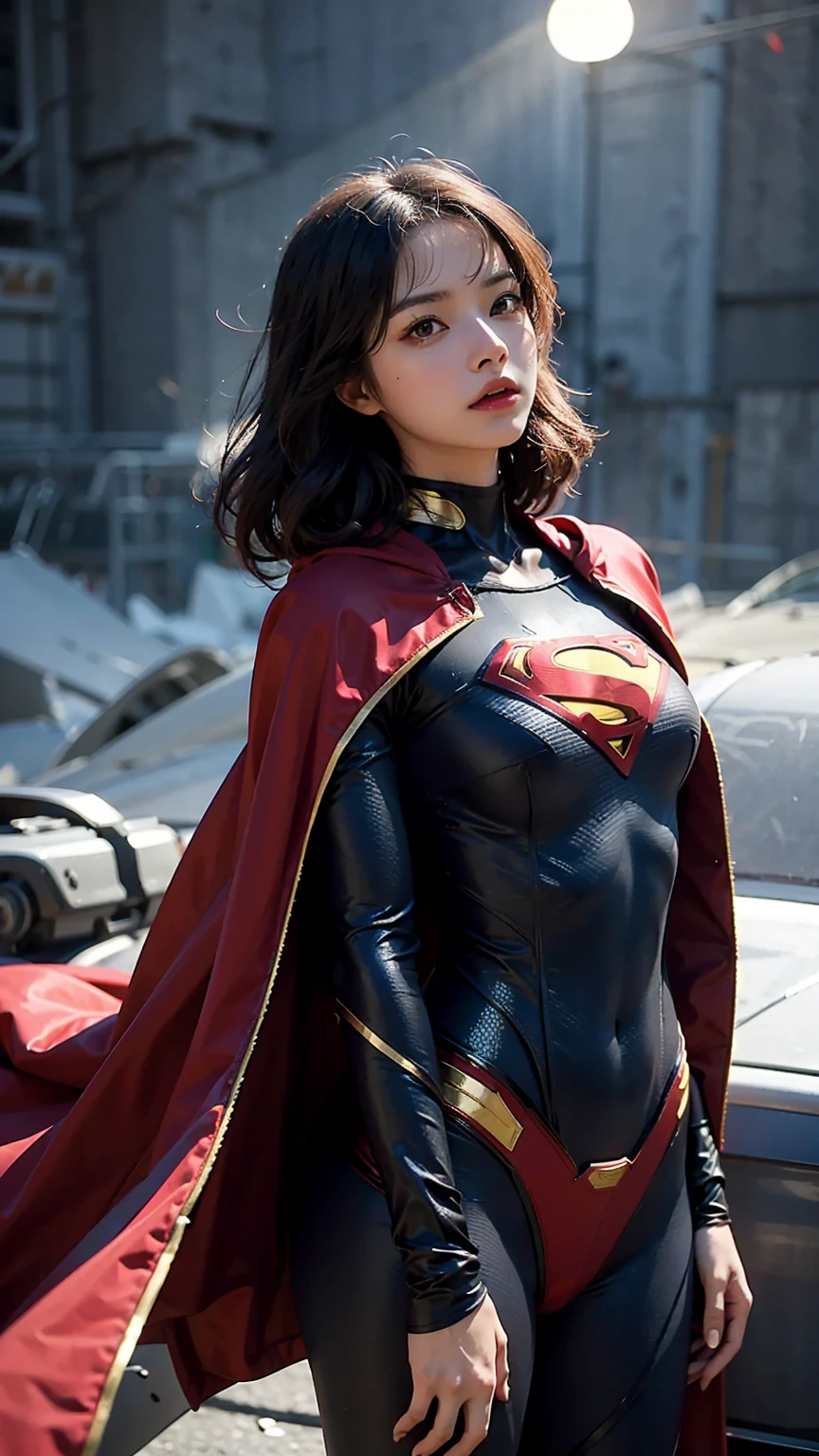 Woman wearing detailed SuperMan costume with full sleeves covering the entire body, serious face, (flying in sky), vivid colors, dramatic lighting, red cape, cinematic costume, carbon fiber detailed suit,