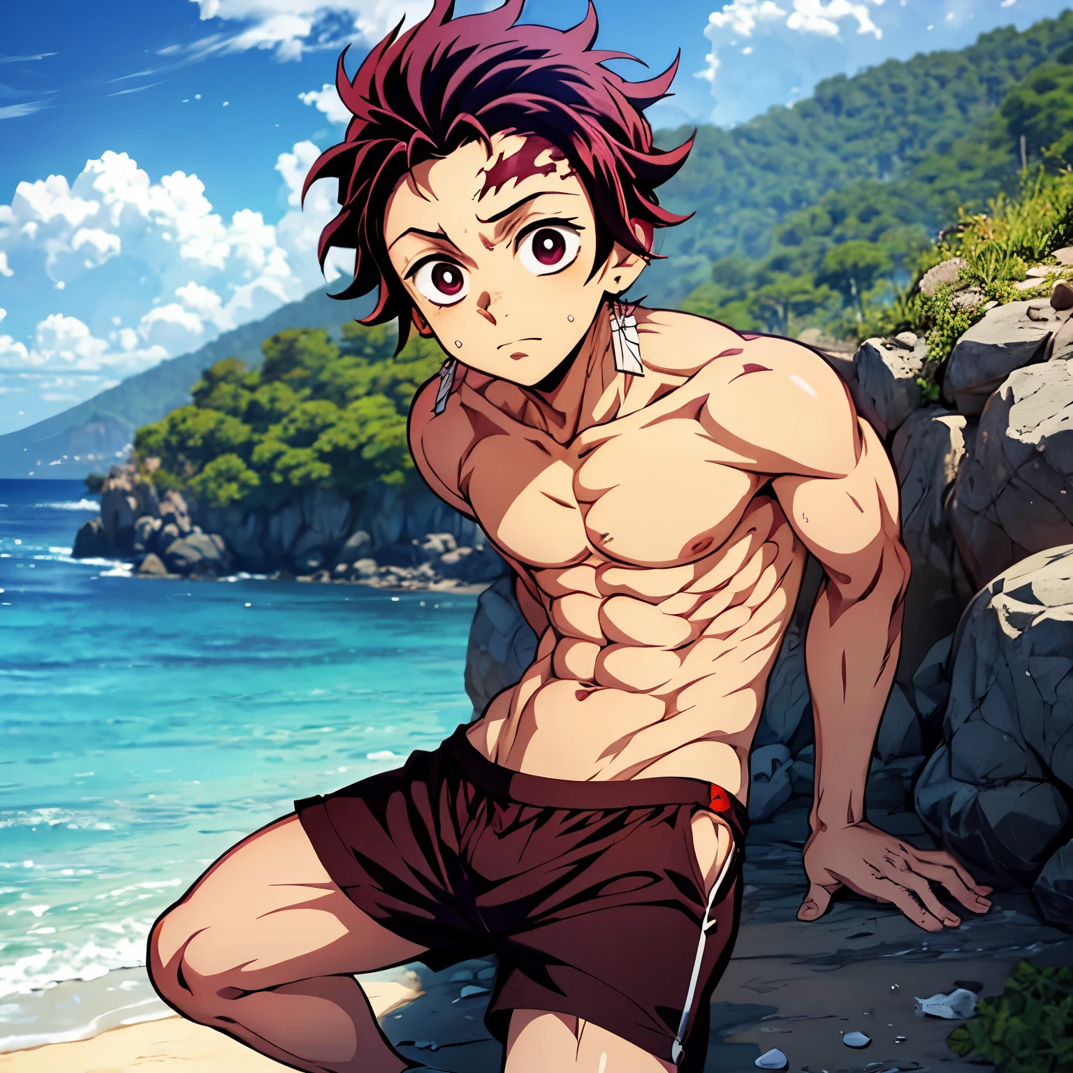 Anime guy tanjirou shirtless in beach