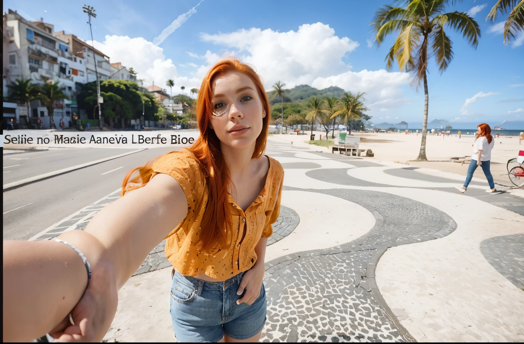 1girl, ((redhead)) with ((orange hair)), blue eyes, ((Joana Gate)) 23 years old, piercing eyes, HD , Photography, movie, cinematic, ((slim waist)), Realistic, (8k, RAW photo, best quality, masterpiece:1.2), (realistic, photo-realistic:1.33), best quality, cute,natural lighting, depth of field, film grain, sharp, detailed, wide view, ((full body view)), ((facing camera)), taking a selfie in rio de janeiro,