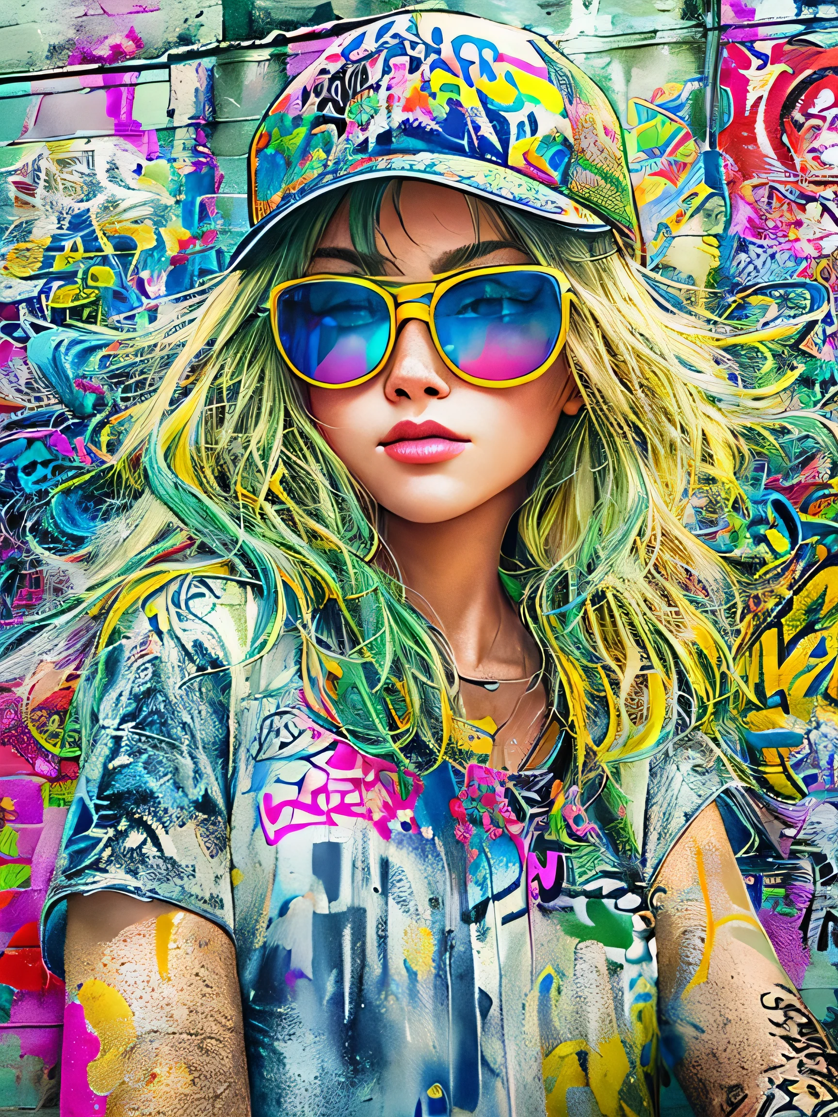 8K quality, watercolor painting, stylish design, (((The strongest beautiful girl of all time))), (((Japanese)))、clear, Stylish sunglasses, Fashionable hats, (((highest quality))), bob hair, put your hand on the wall, HDR, ((Detailed details)), stylish fashion, detailed clothing texture, (((graffiti art))), colorful hair, ((masterpiece))、((Super detailed))