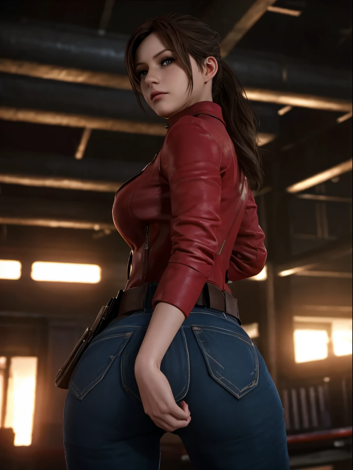 Claire Redfield, {{master part, best quality, CG extremamente detalhado, Unity 8k papel de parede, Cinematic lighting}},  1girl, Mulher nova, corpo inteiro, dia ensolarado, belos olhos detalhados, (seios grandes, clivagem), Bunda redonda, looking up at the audience, long eyelashes