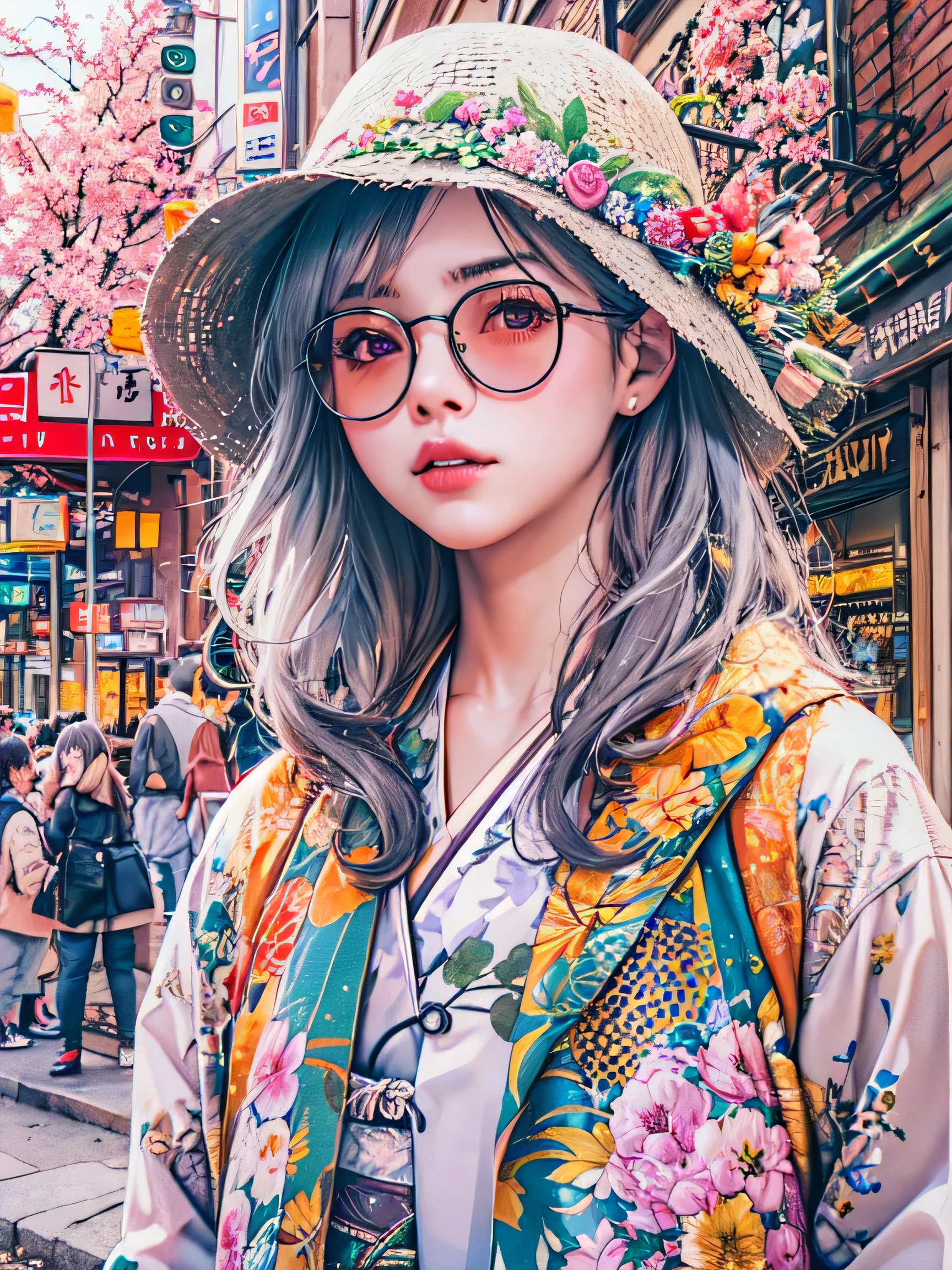 8K quality, watercolor painting, stylish design, (((The strongest beautiful girl of all time))), (((Japanese)))、AKB48、stylish glasses, Fashionable hats, (((highest quality))), bob hair, HDR, ((Detailed details)), stylish fashion, detailed clothing texture, (((spring street corner))), colorful hair, ((masterpiece))、((Super detailed))、colorful flowers、