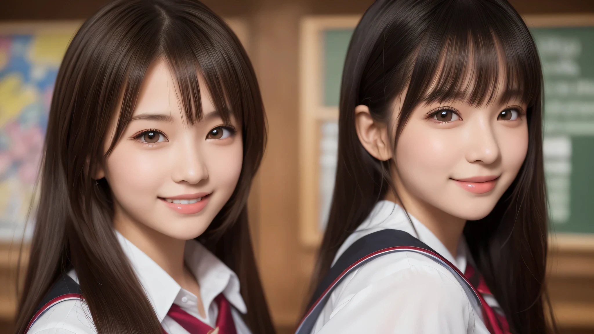 (2 girls:1.2), incredibly beautiful face, enchanting smile, (school uniform, mini skirt:1.2), (highest quality: 1.4), (Super detailed), (highest quality:1.4), (super detailed), evening, very high resolution, (Upper body), close up face, (School, classroom), School anime, anime illustration,