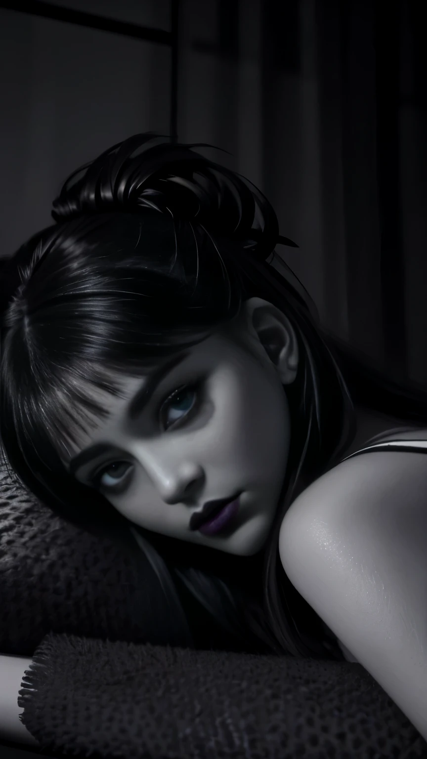 (8K, chef-d'artwork, best quality), ultra-detailed, beautiful yeux ronds details, beautifully detailed face, High quality, high resolution, 1 fille, poitrine normale (tissu noir:1.5), (Taille nue:1.5), la nuit, Luxury hotel background in apartment and outside apartment