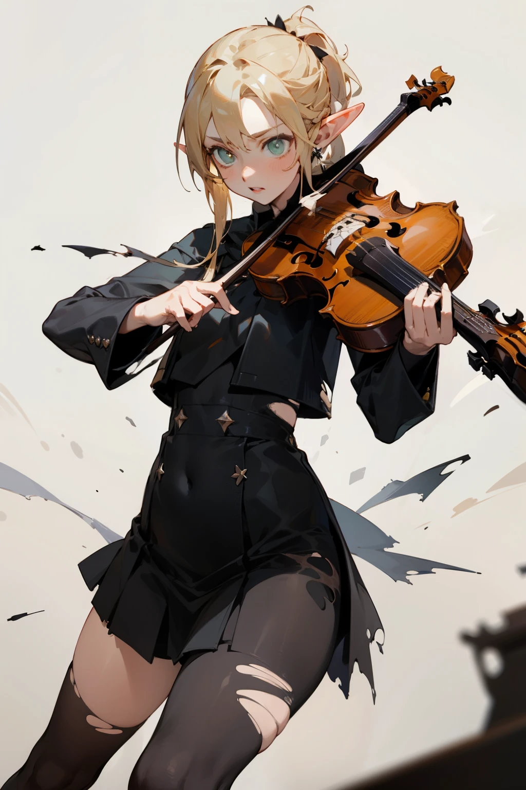 (masterpiece, best quality) detailed, Wearing black tights, silver accessories , blonde ,elegant, pointed ears ，torn clothes，playing violin