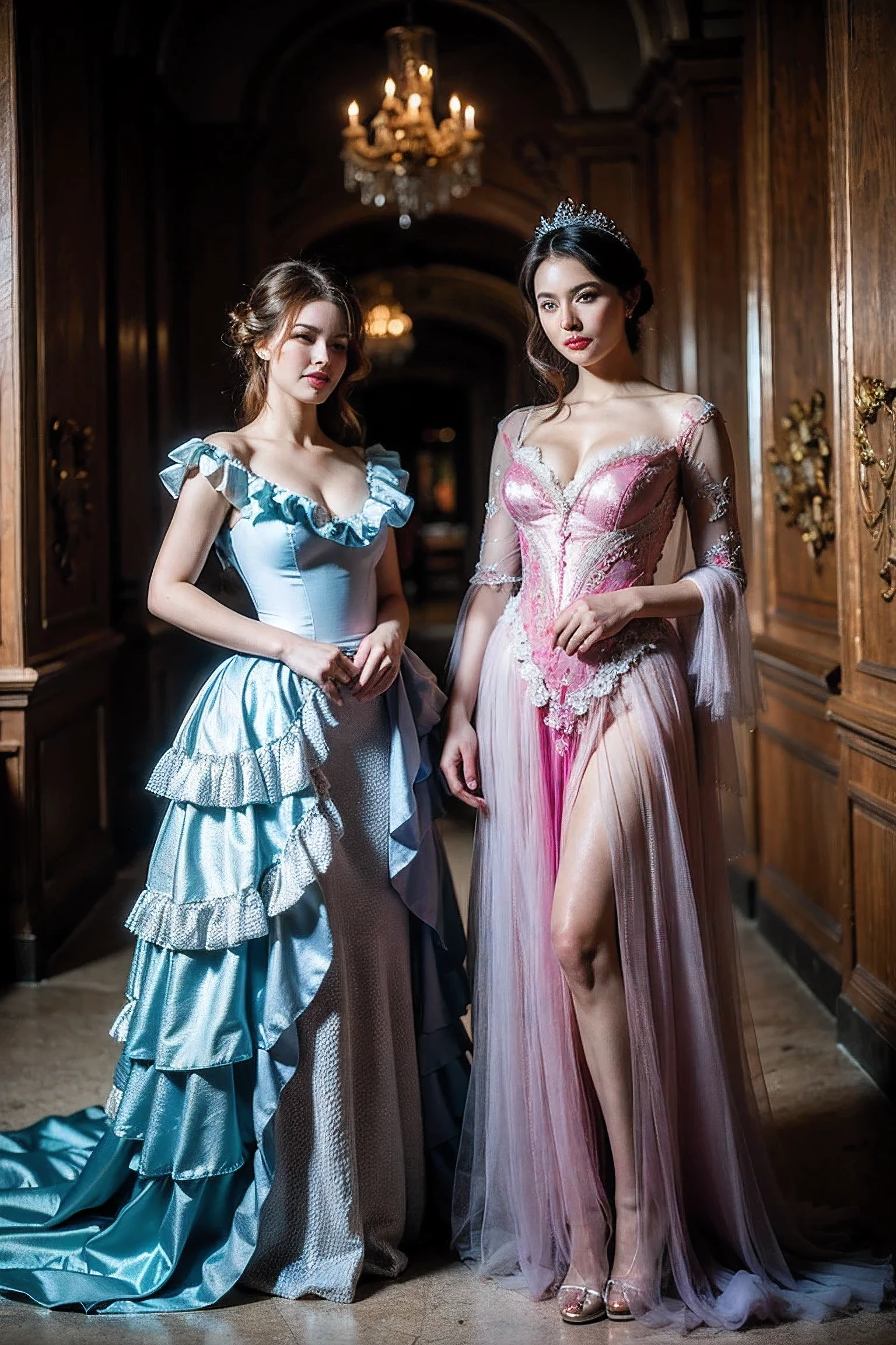 Realistic full body photography, Two beautiful cute women , Rococo dress