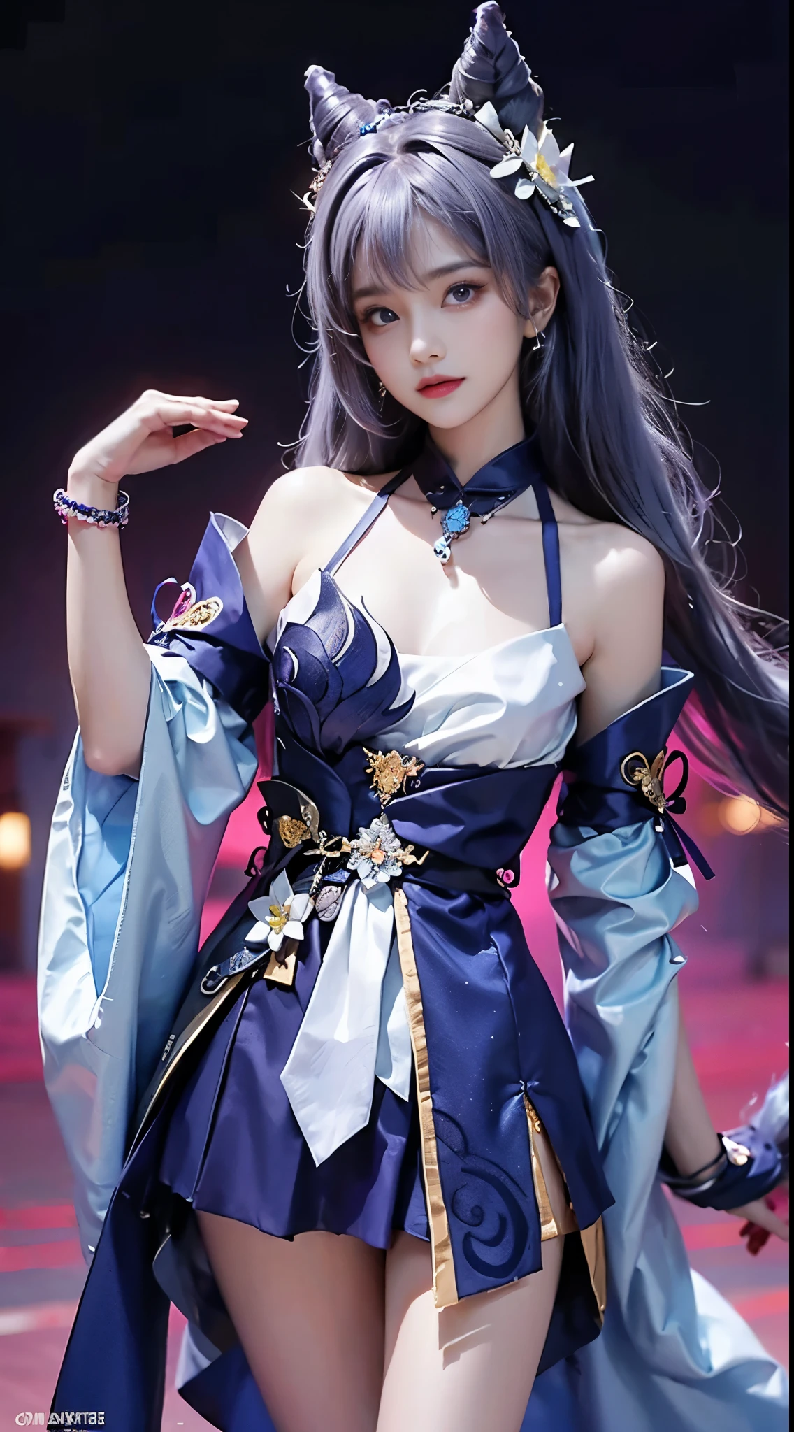  ((whole body)), ((from below)), ((gufeng,bare shoulders)), clear face, pretty face, 8k, masterpiece, original photo, best quality, detail:1.2,lifelike, detail, Very detailed, CG, unity, wallpaper, depth of field, movie light, lens flare, Ray tracing, (extremely beautiful face, beautiful lips, beautiful eyes), complicated, detail的脸, ((ultra detailed skin)), 1 girl, in the darkness, deep shadow, beautiful korean girl, kpop idol,(Very slim figure:1.3), plump breasts, Slender sexy legs, elegant posture, (bright smile), (City night, (neon lights), (night), beautiful korean girl, white diamond earrings, diameter bracelet, Dia Necklace, clear eyes, facing forward, (big eyes)