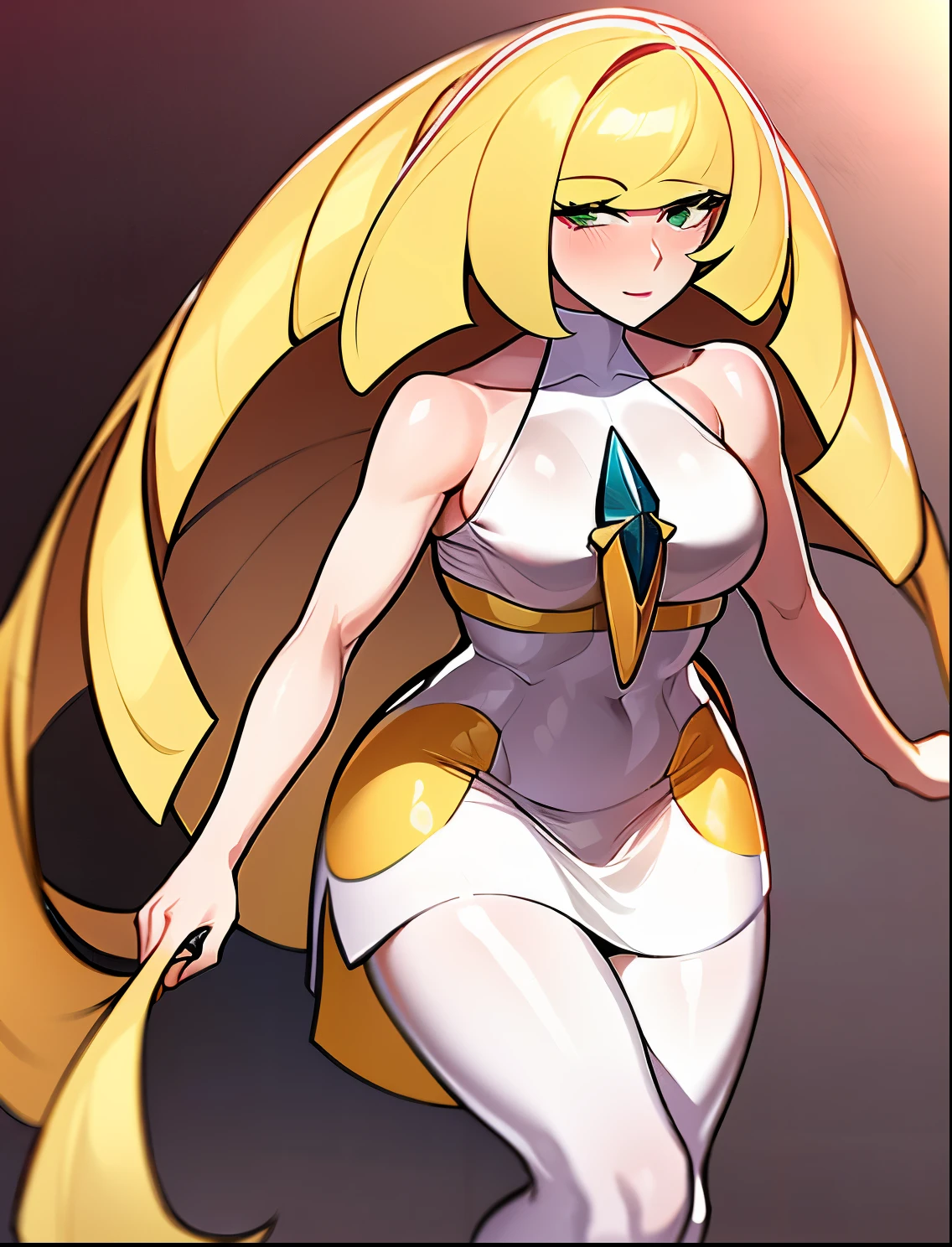 ((highest quality)), ((masterpiece)), (be familiar with), perfect face,{nsfw},Lusamine,Slender,slender,long blonde hair,small breasts,((pointed nipples)),adult women,green eyes,slanted eyes,sleeveless dress,Knee-high boots,Bewitching
