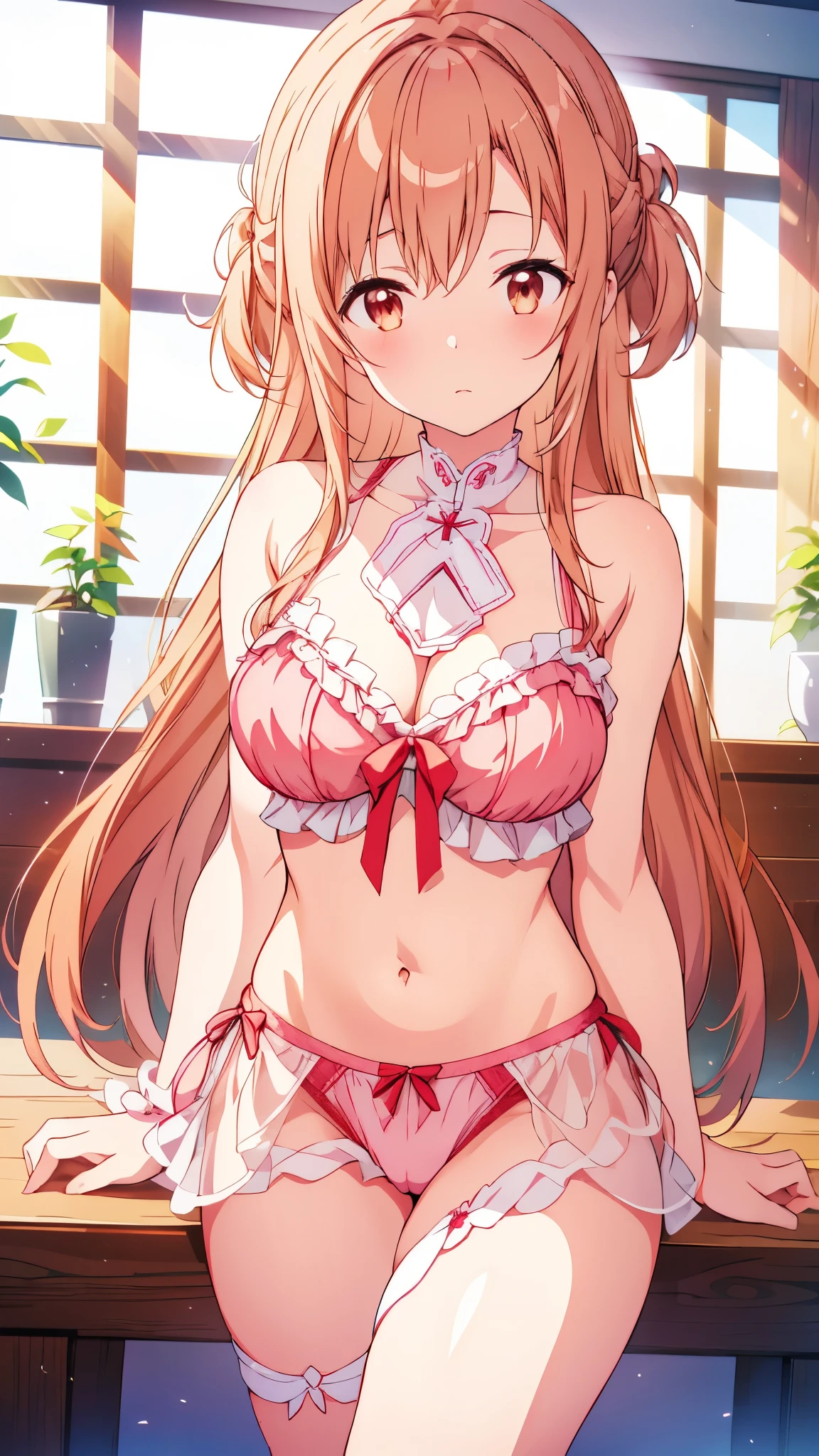 table top、High resolution、1 girl、cute anime illustration、In underwear only、floral lingerie、shiny appearance、big and full breasts、